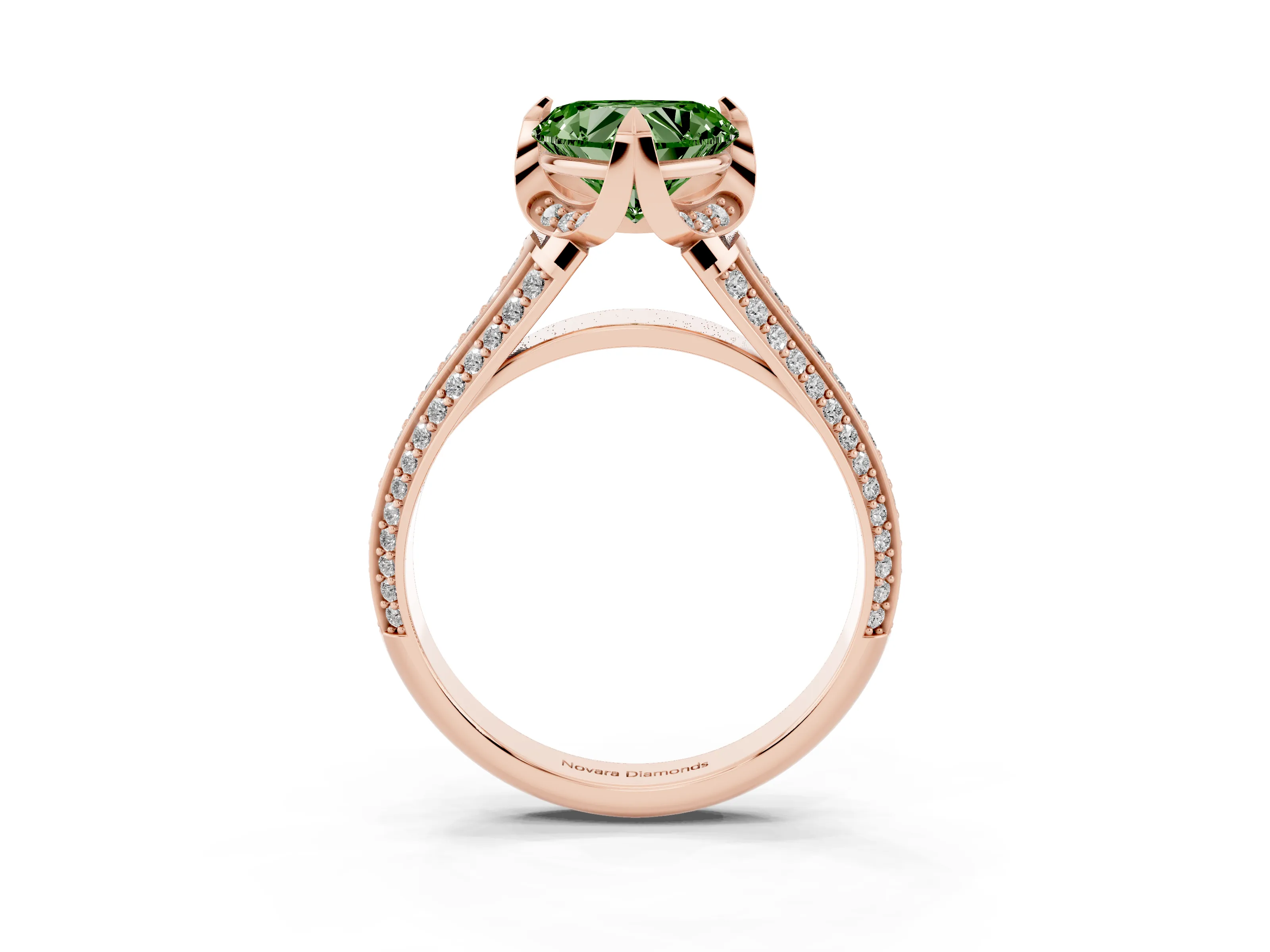 Fancy Green Heart Cut Diamond Pavé Split Shank Solitaire Ring Set in Rose gold with Prong Setting