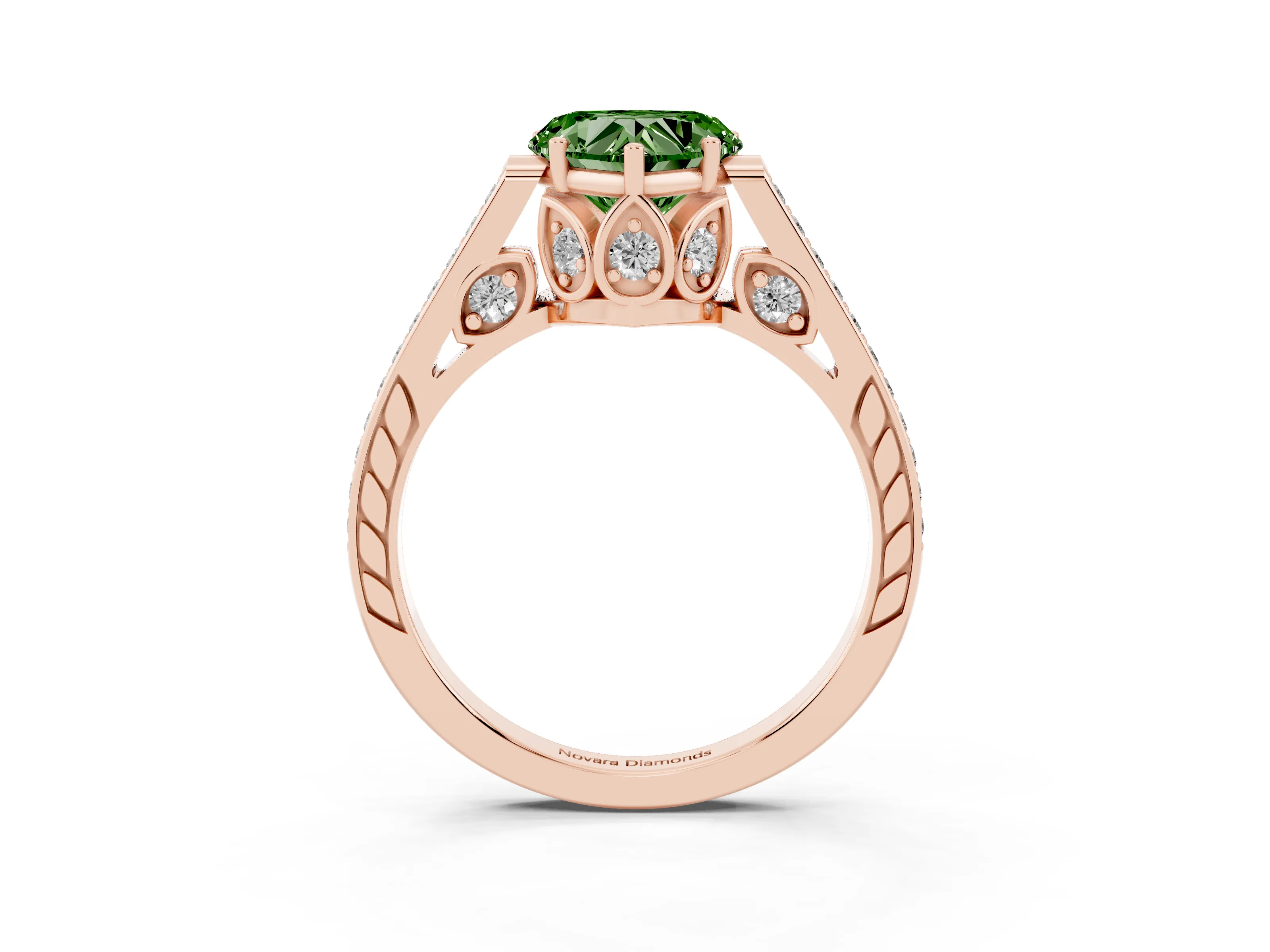 Fancy Green Heart Cut Diamond Cathedral Pavé Engagement Ring Set in Rose gold with Prong Setting
