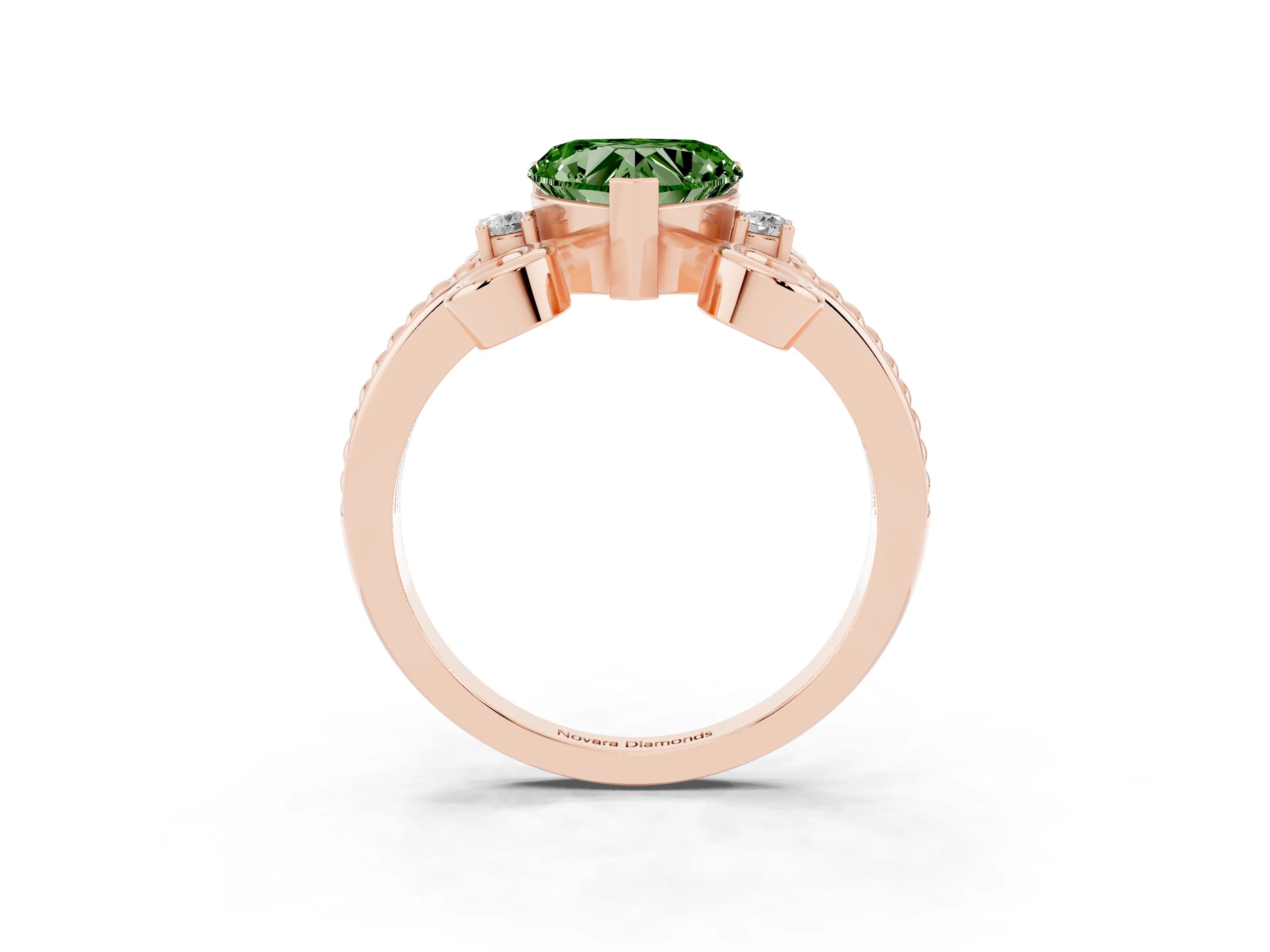 Fancy Green Heart Cut Diamond Twisted Band Solitaire Ring Set in Rose gold with Scroll Prongs