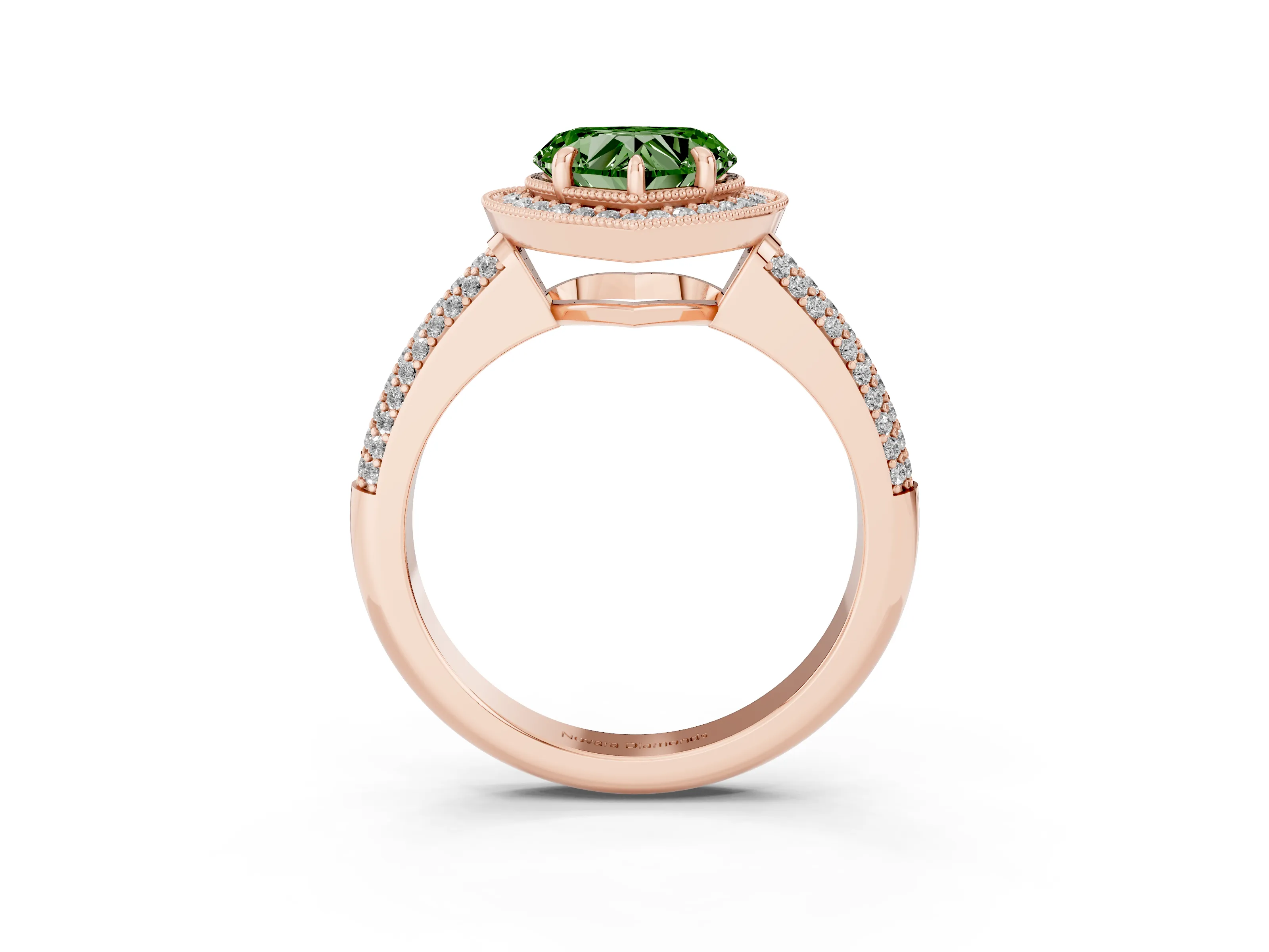 Fancy Green Heart Cut Diamond Halo Pavé Band Set in Rose gold with Prong Setting