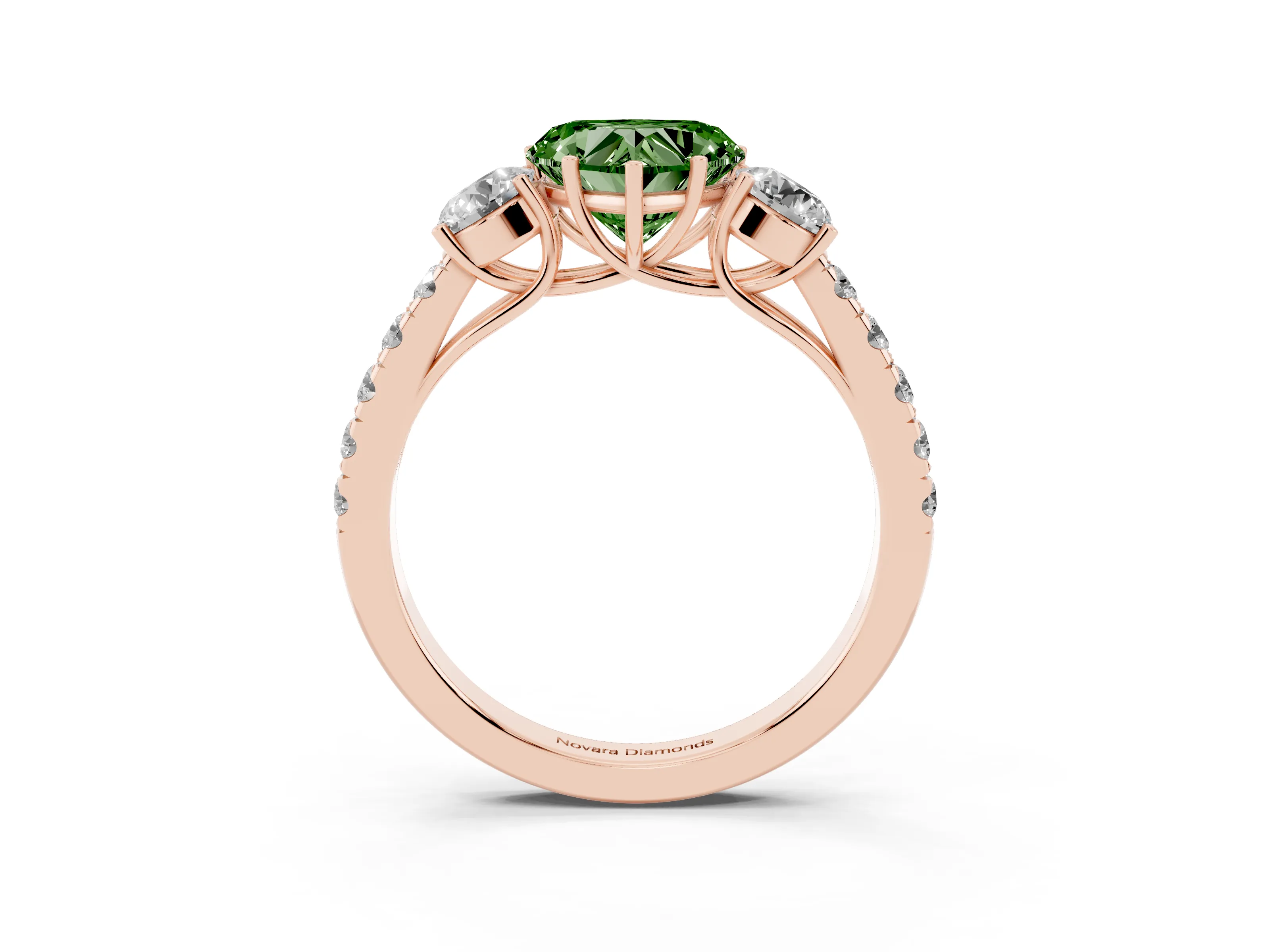 Fancy Green Heart Cut Diamond Three-Stone Ring Set in Rose gold with Round Side Stones and Delicate Pavé Band