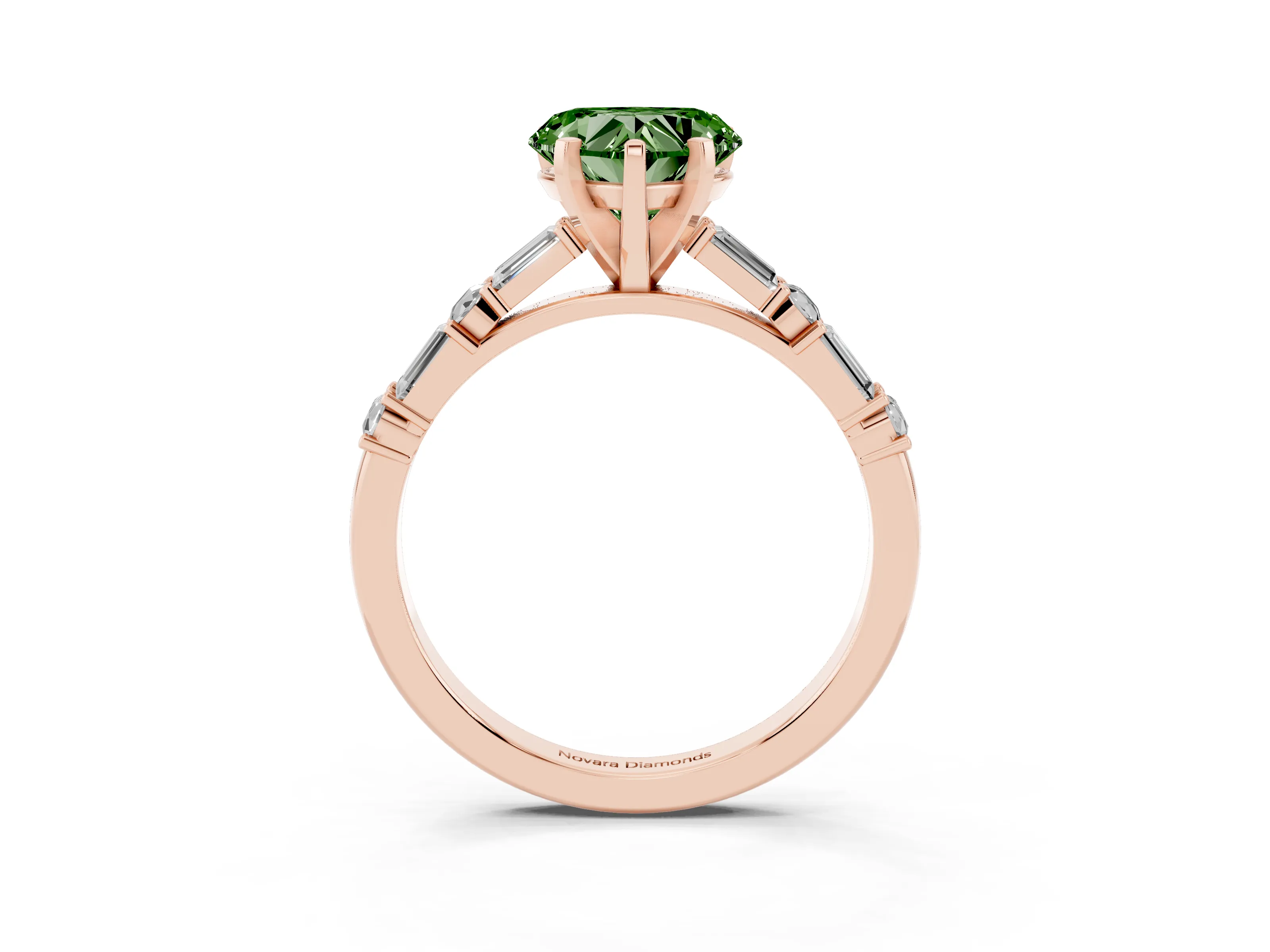 Fancy Green Heart Cut Diamond Solitaire Set in Rose gold with Side Baguettes and Channel Set Band