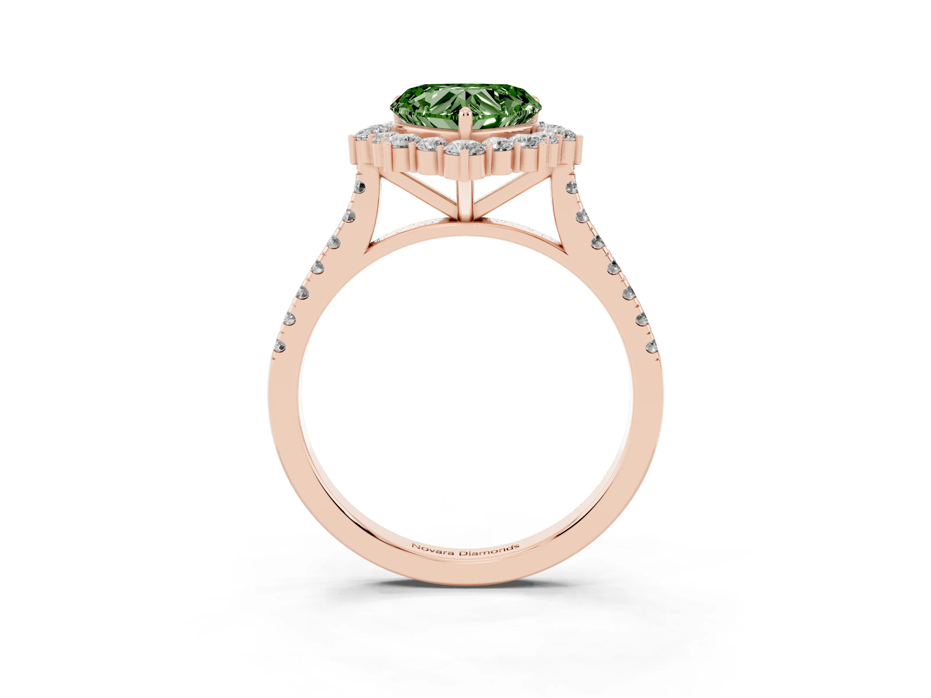Fancy Green Heart Cut Diamond Halo Ring Set in Rose gold with Pavé Band and Prong Setting