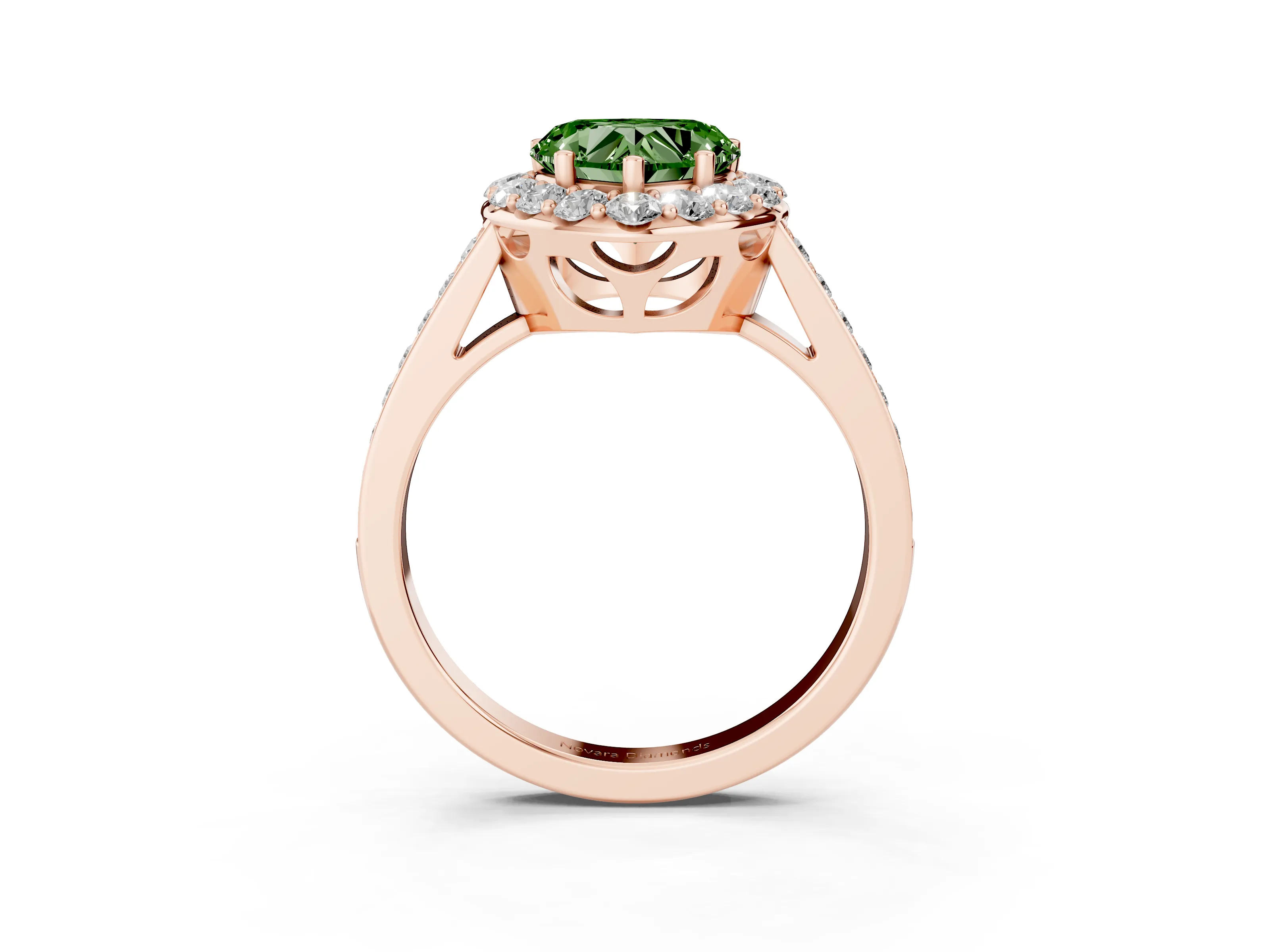 Fancy Green Heart Cut Diamond Floral Halo Ring Set in Rose gold with Pavé Band and Prong Setting