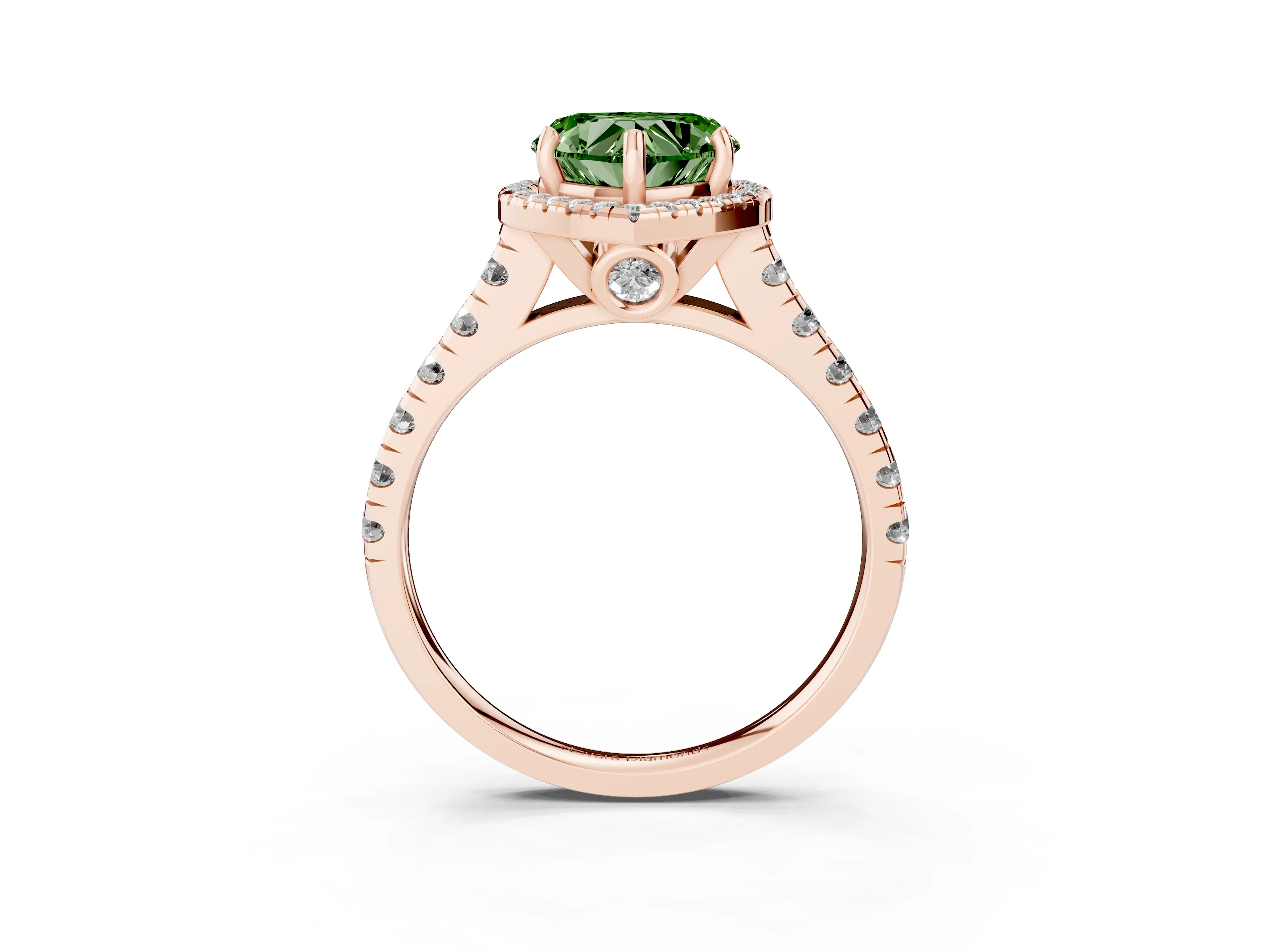 Fancy Green Heart Cut Diamond Halo Engagement Ring Set in Rose gold with Pavé Band and Prong-Set Center