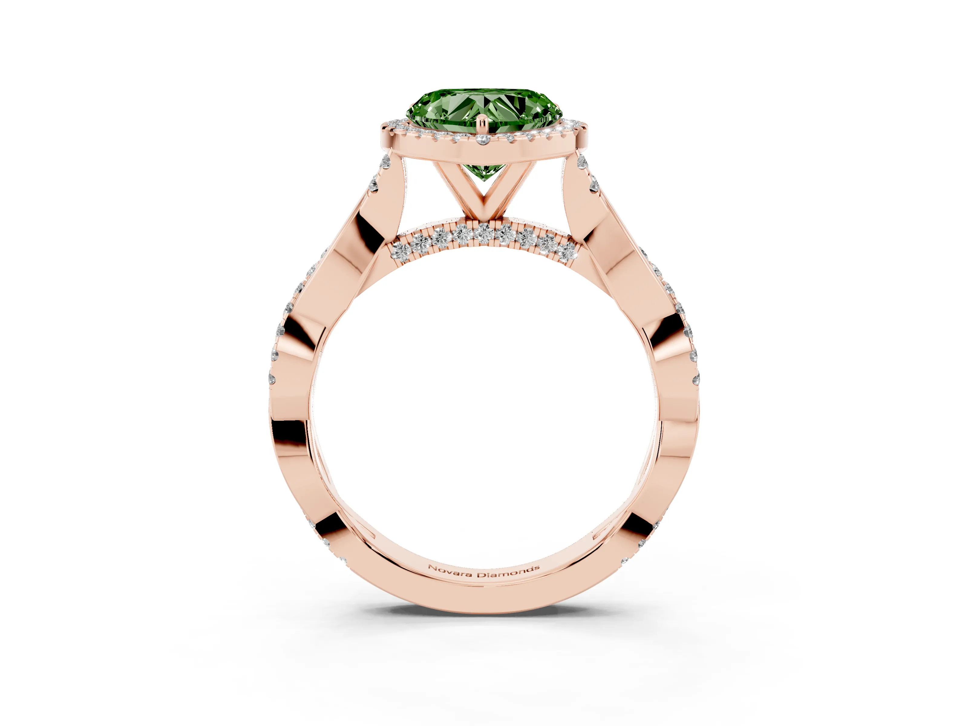 Fancy Green Heart Cut Diamond Halo Twist Band Solitaire Ring Set in Rose gold with Prong Setting