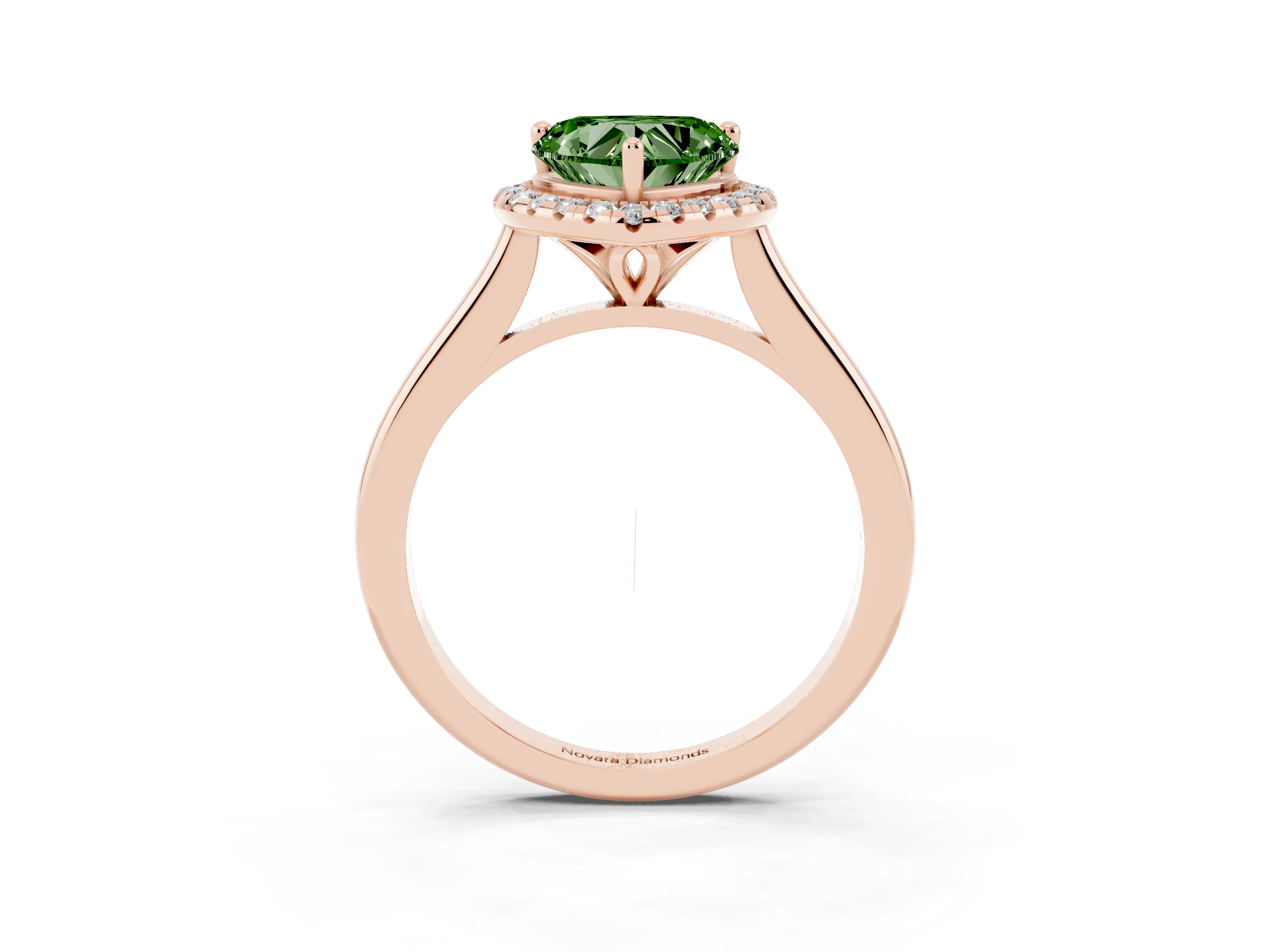 Fancy Green Heart Cut Diamond Halo Engagement Ring Set in Rose gold with Pavé Band and Rising Shoulders