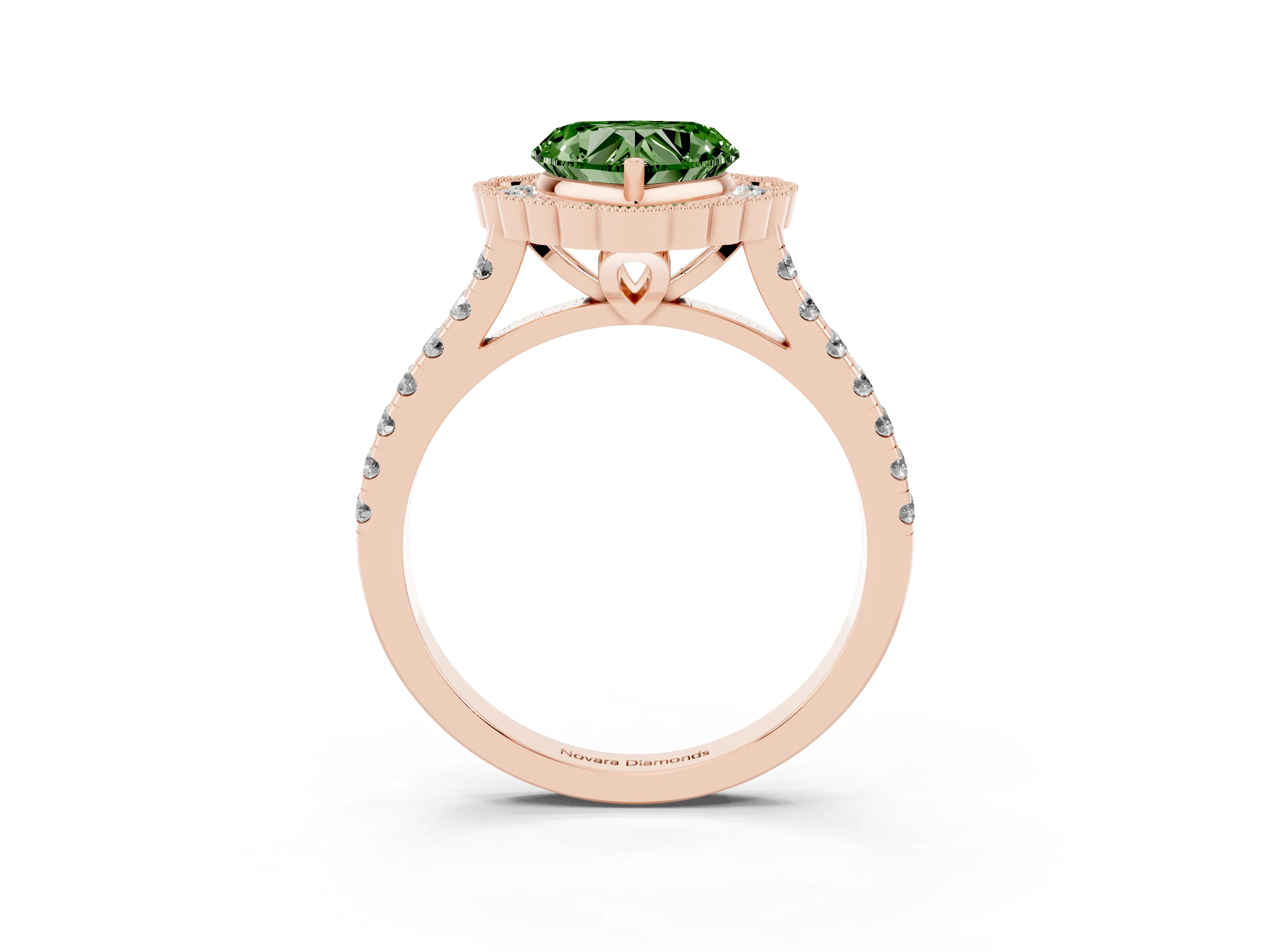 Fancy Green Heart Cut Diamond Milgrain Floral Halo Engagement Ring Set in Rose gold with Pavé Band