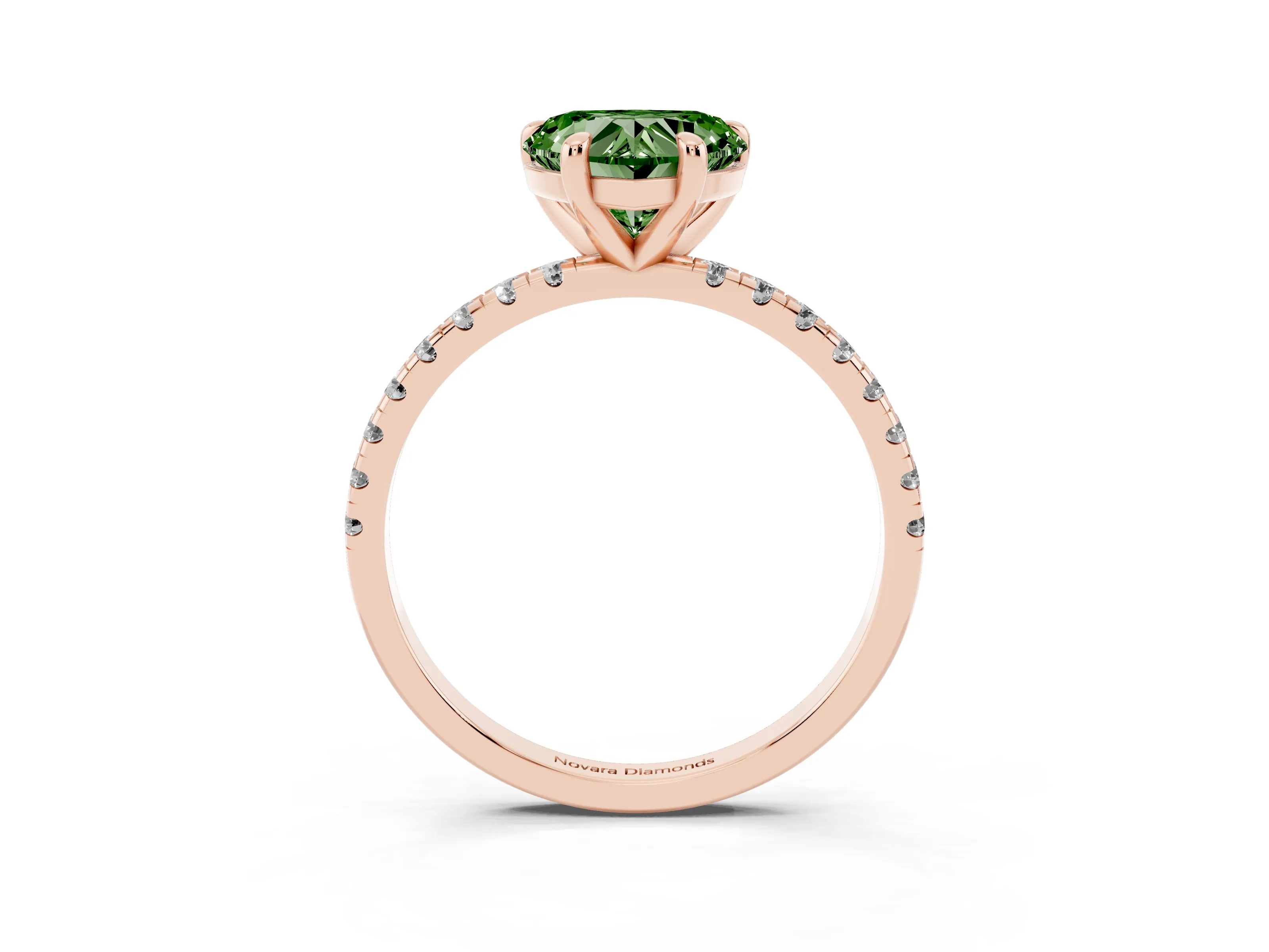 Fancy Green Heart Cut Diamond Brilliant Solitaire Ring Set in Rose gold with Pavé Band and Prong Setting