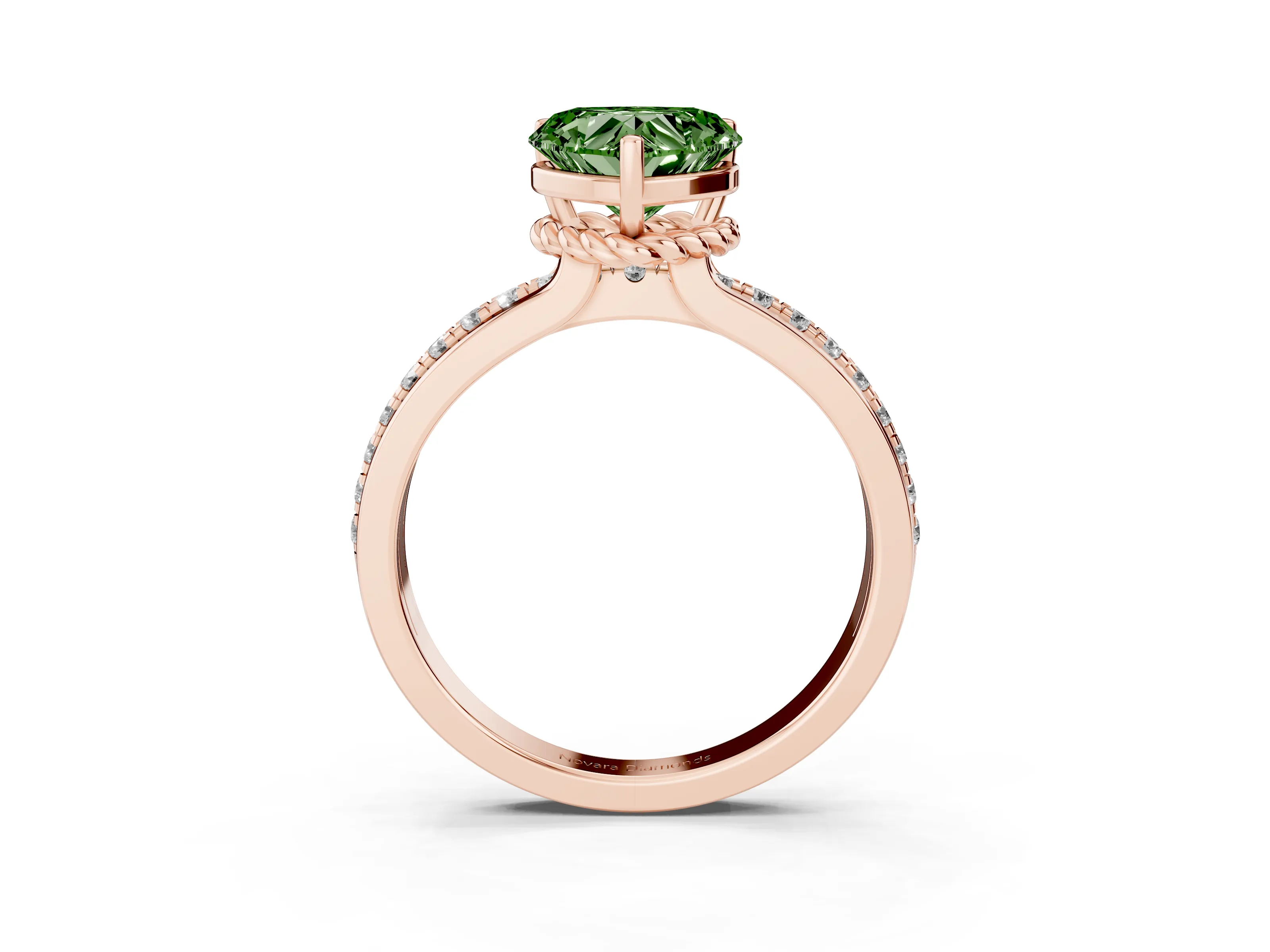 Fancy Green Heart Cut Diamond Solitaire Ring Set in Rose gold with Channel Set Band and Prong Setting