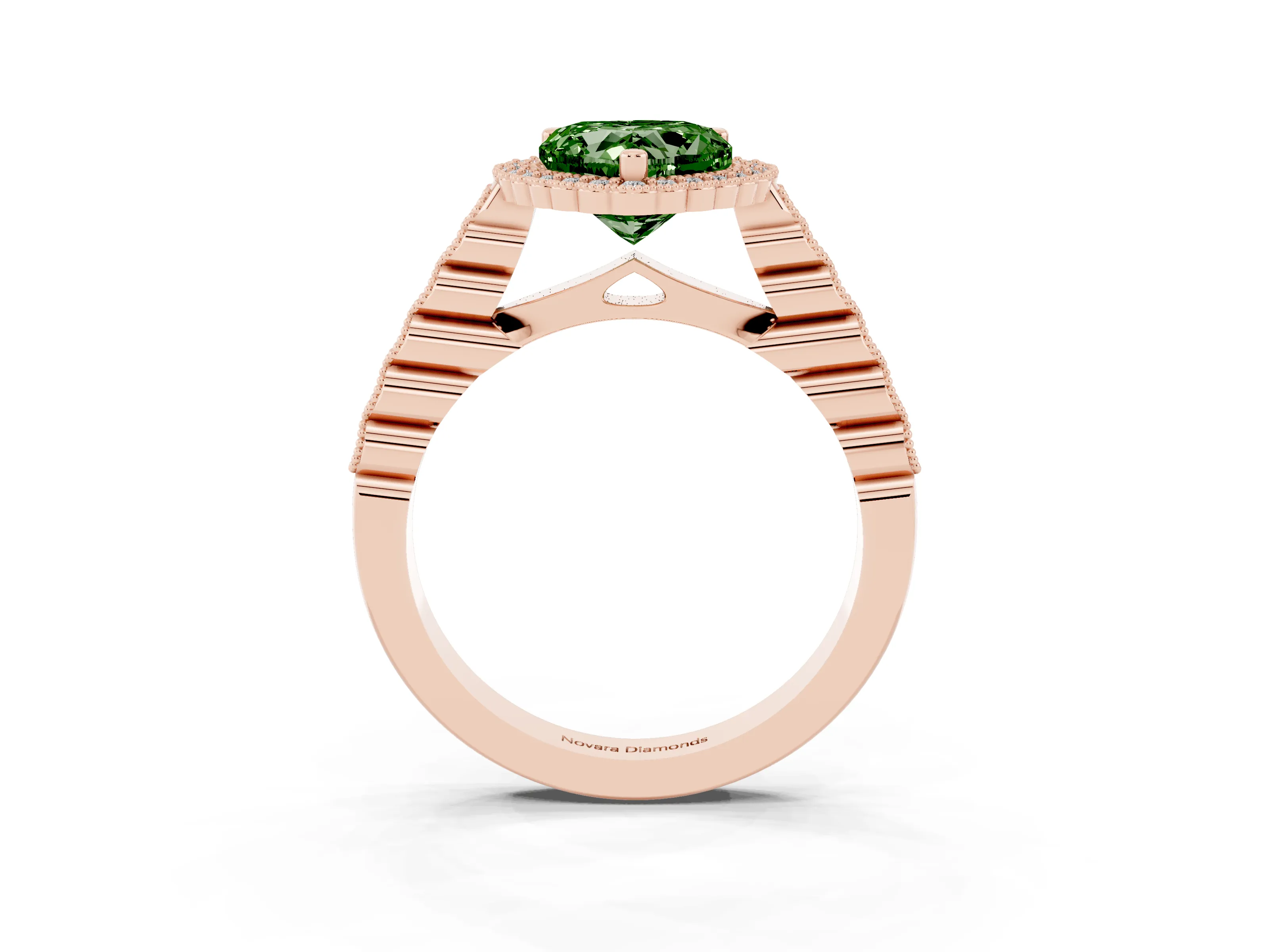 Fancy Green Heart Cut Diamond Halo Ring Set in Rose gold with Pavé Milgrain Band