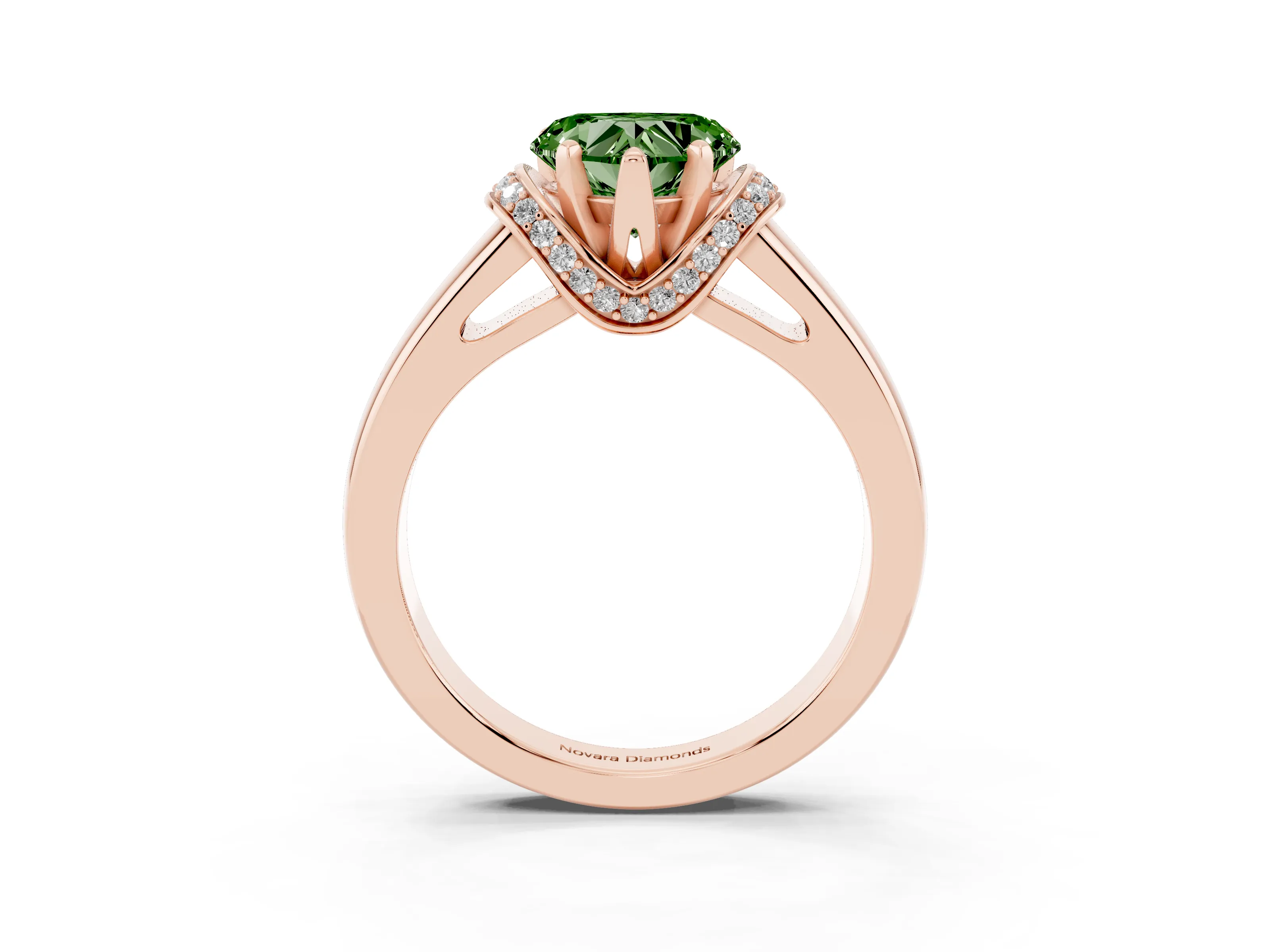 Fancy Green Heart Cut Diamond Pavé Band Solitaire Ring Set in Rose gold with Prong Setting