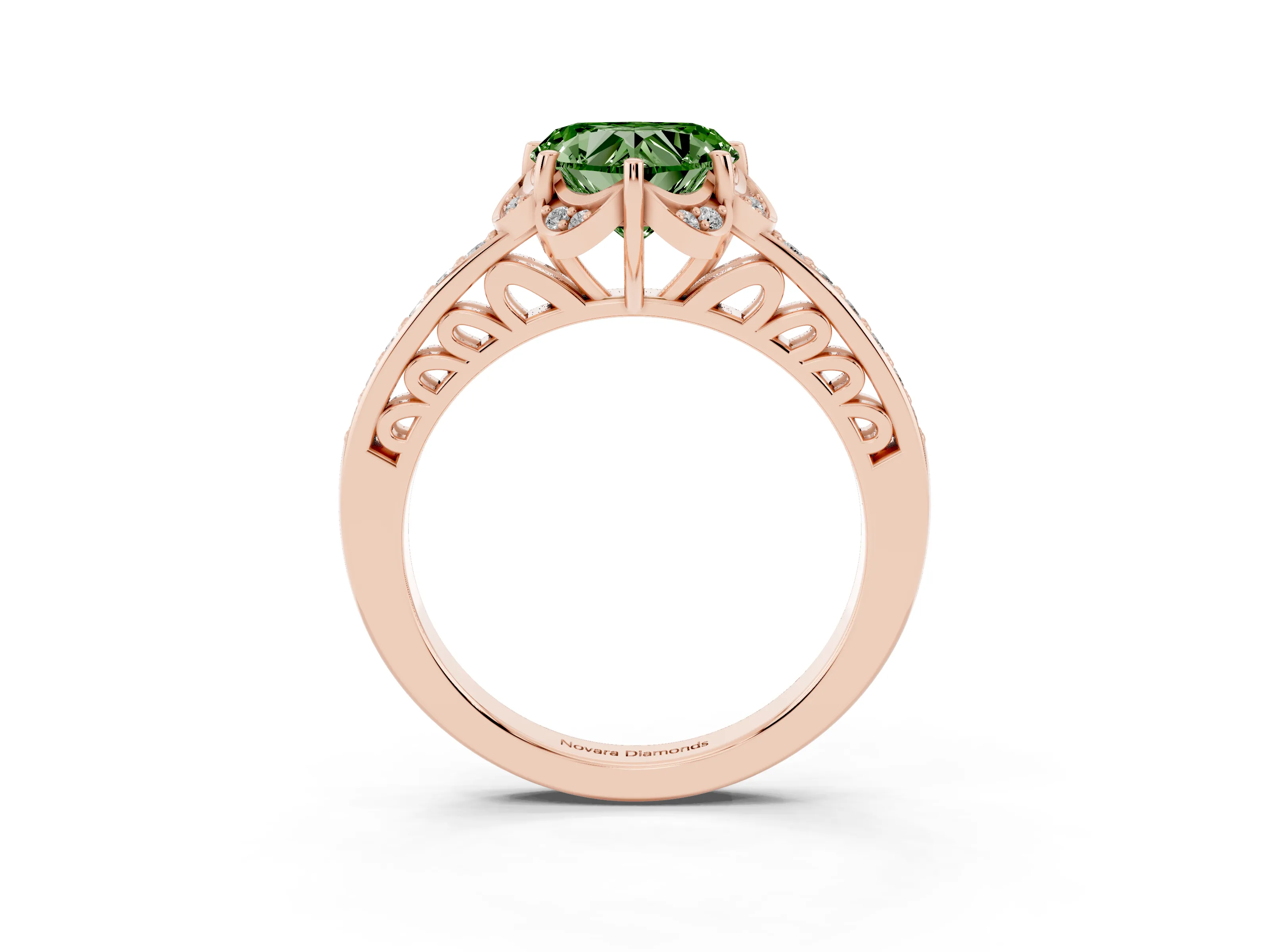 Fancy Green Heart Cut Diamond Halo Ring Set in Rose gold with Channel Set Band and Prong Setting