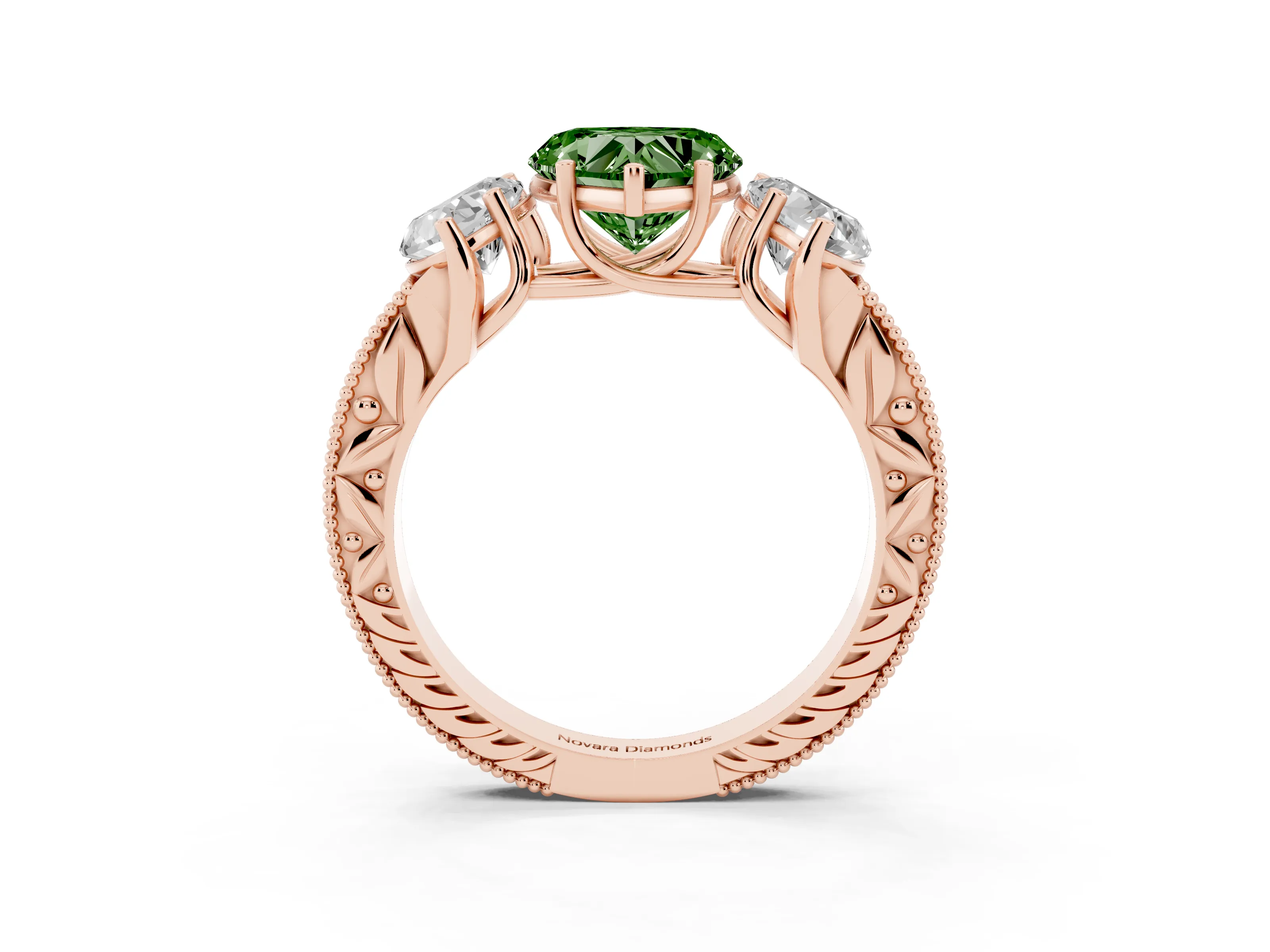 Fancy Green Heart Cut Diamond Three-Stone Engagement Ring Set in Rose gold with Milgrain Pavé Band