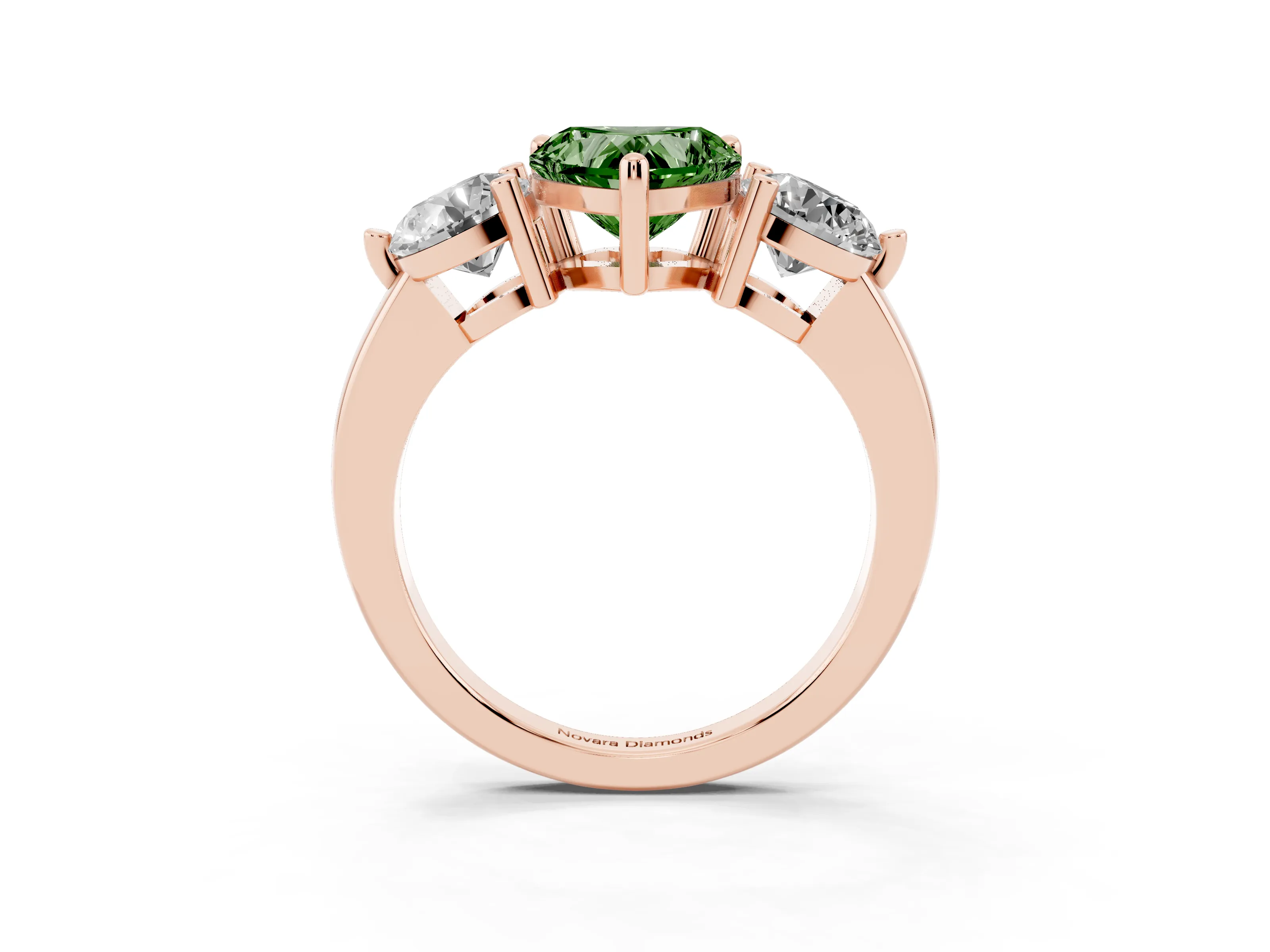 Fancy Green Heart Cut Diamond Three-Stone Ring Set in Rose gold with Prong Setting and Classic Band