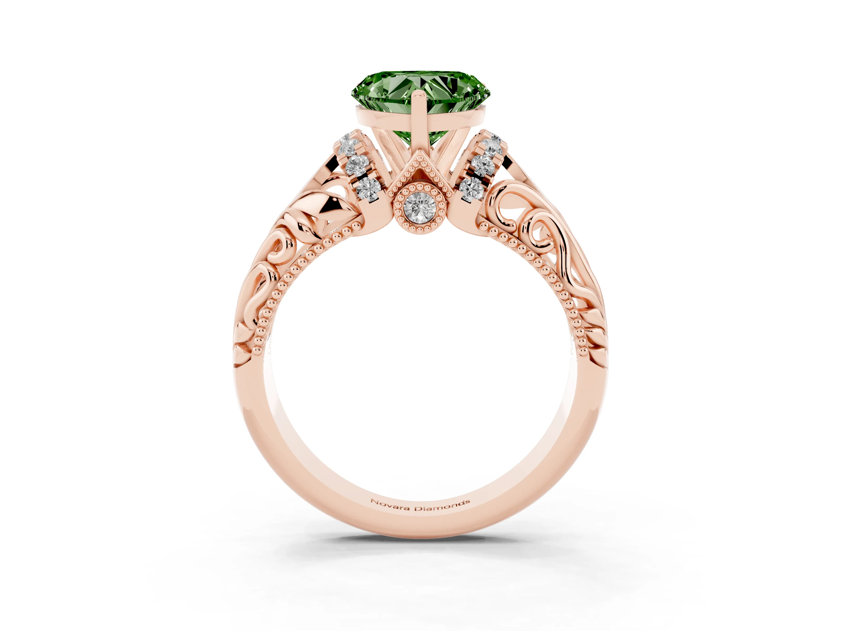 Fancy Green Heart Cut Diamond Filigree Halo Engagement Ring Set in Rose gold with Prong Setting