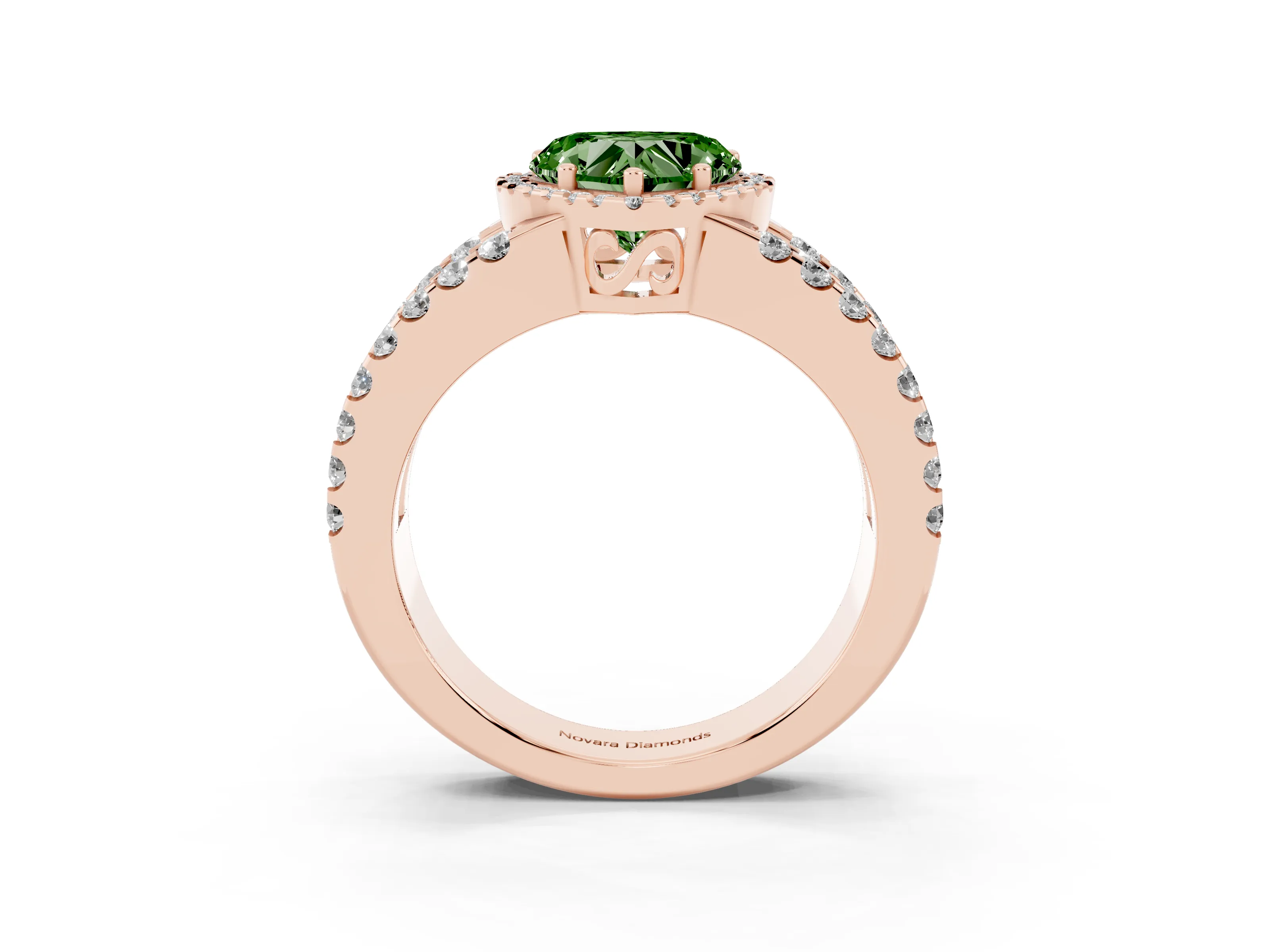 Fancy Green Heart Cut Diamond Halo Ring Set in Rose gold with Pavé Split Shank and Prong Setting