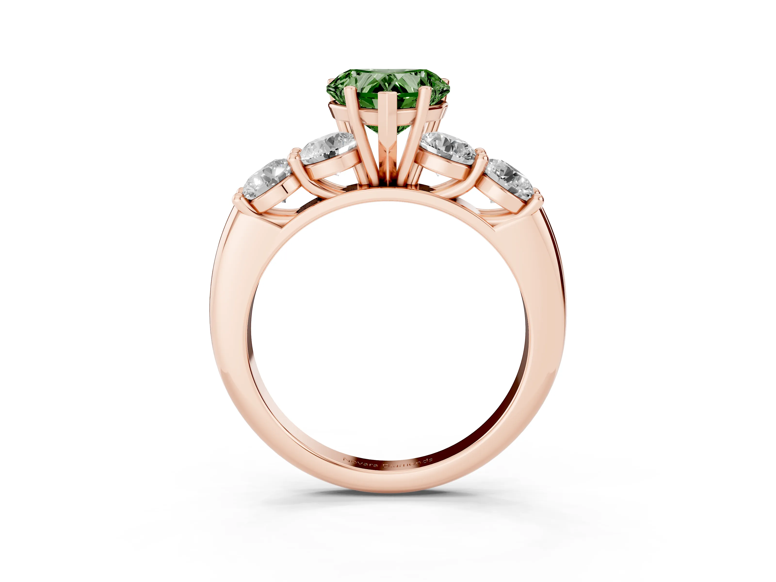Fancy Green Heart Cut Diamond Five-Stone Prong Set Ring Set in Rose gold with Classic Band
