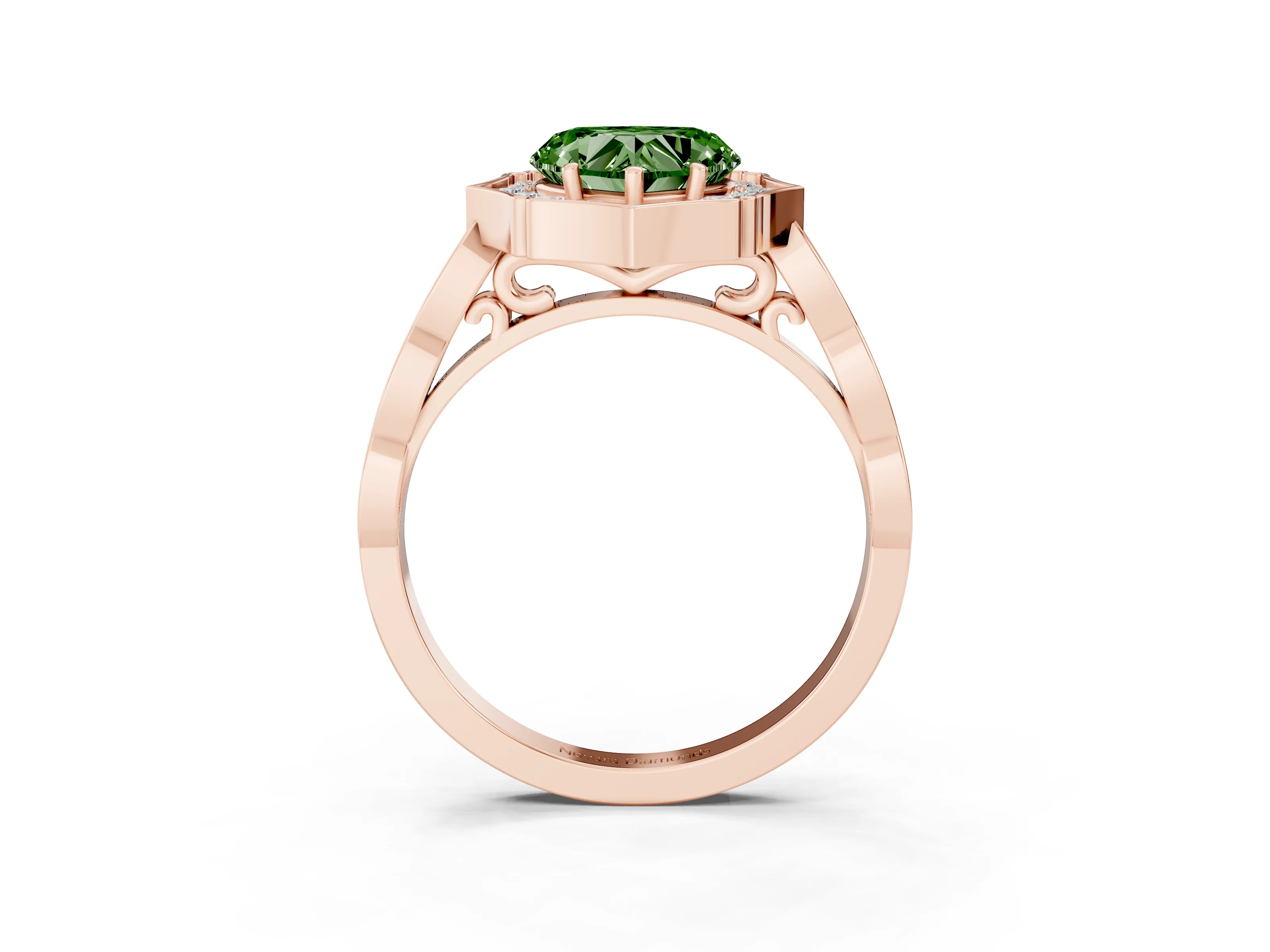 Fancy Green Heart Cut Diamond Halo Engagement Ring Set in Rose gold with Milgrain Band and Prong Setting