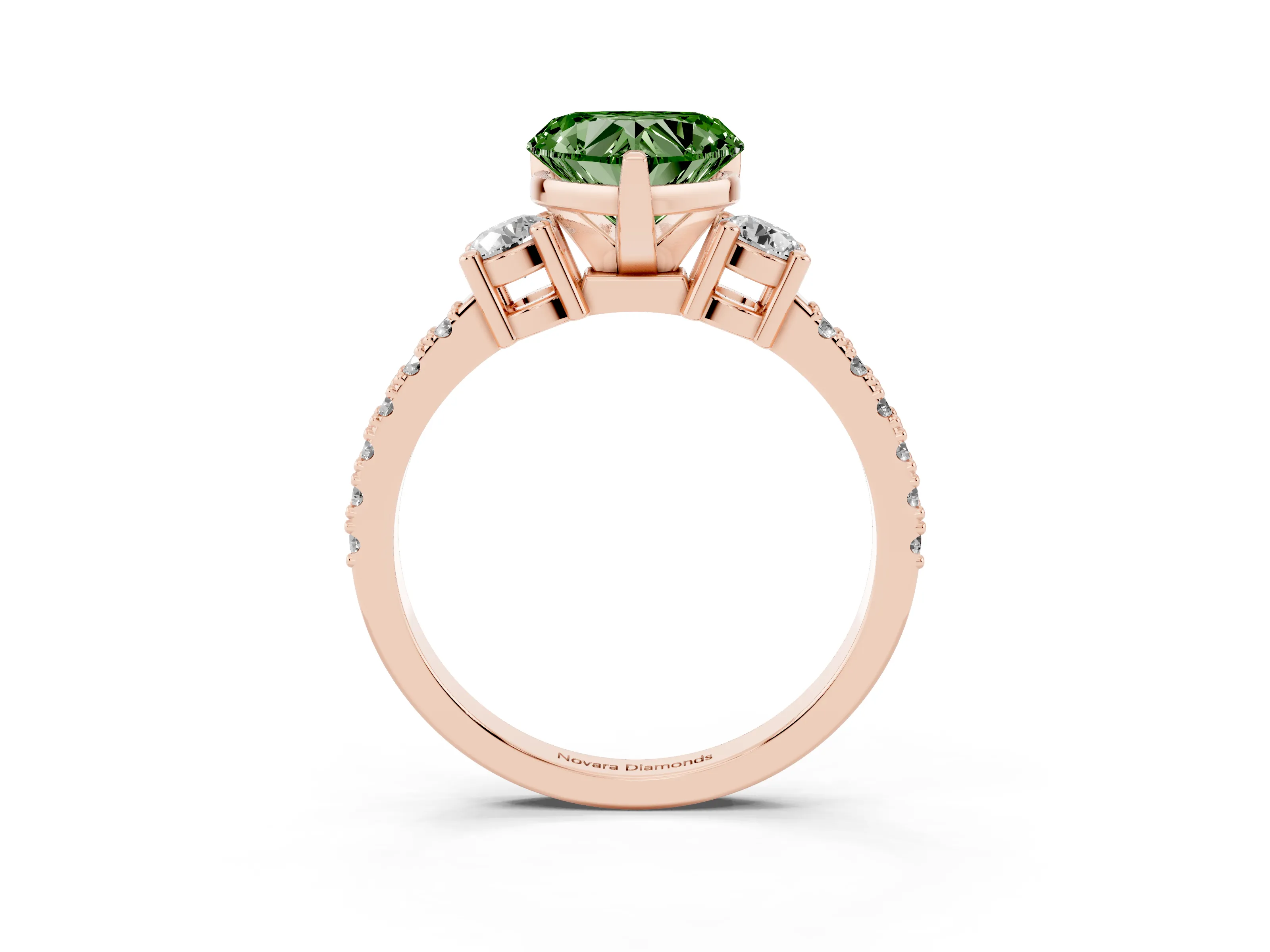 Fancy Green Three-Stone Heart Cut Diamond Pavé Band Ring Set in Rose gold with Prong Setting