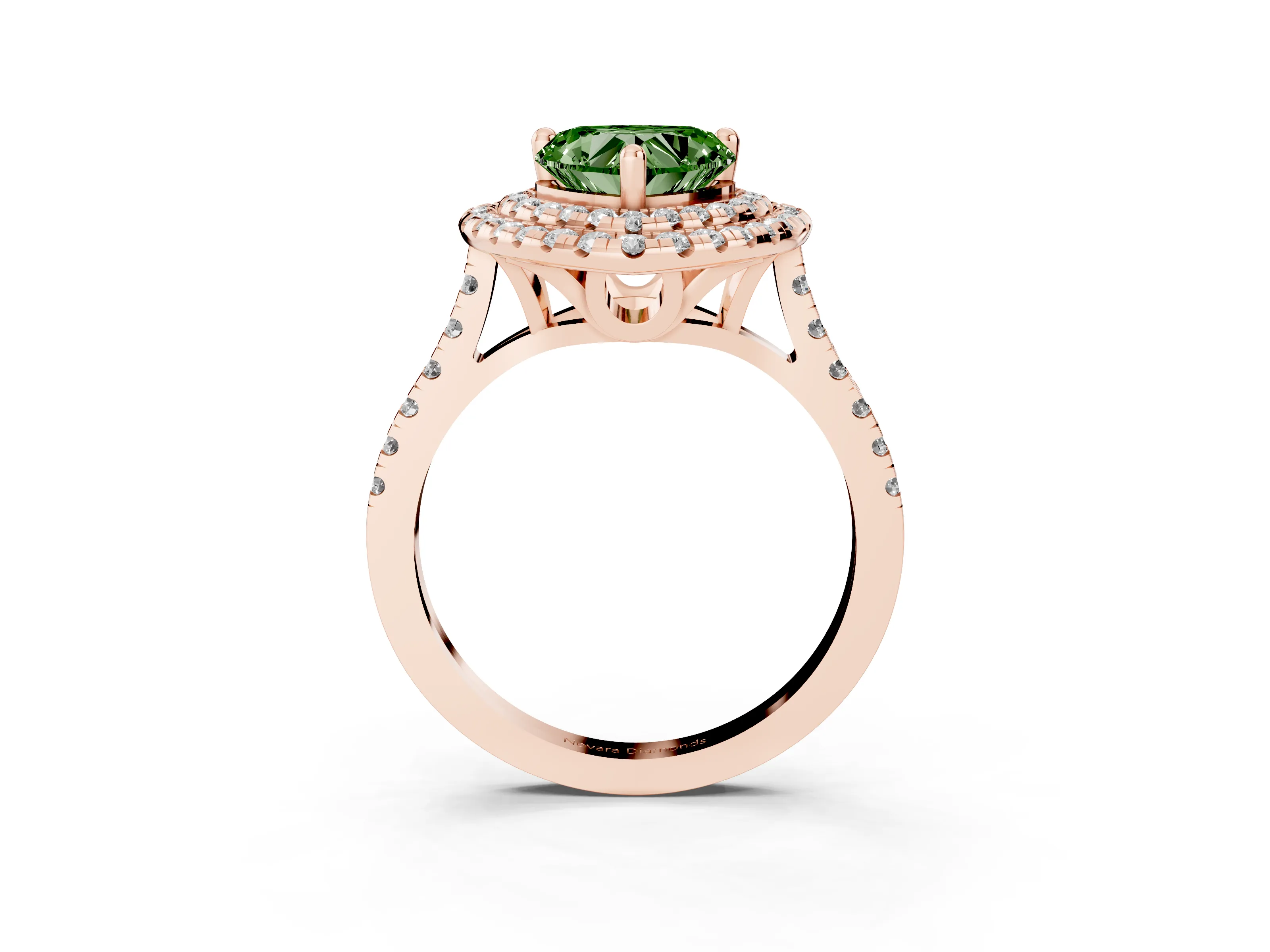 Fancy Green Heart Cut Diamond Double Halo Statement Ring Set in Rose gold with Pavé Band