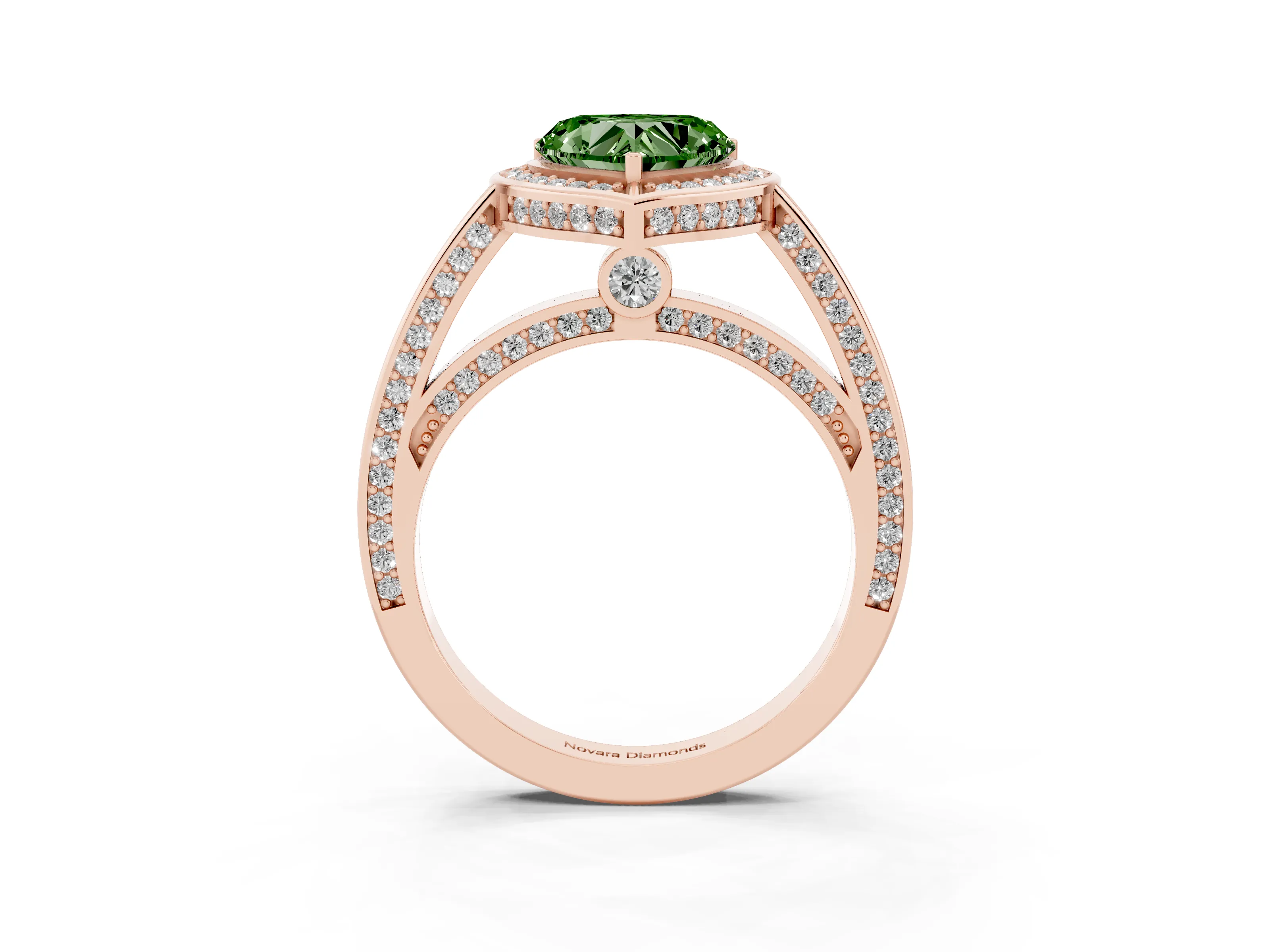 Fancy Green Heart Cut Diamond Halo Pavé Split Shank Ring Set in Rose gold with Prong Setting