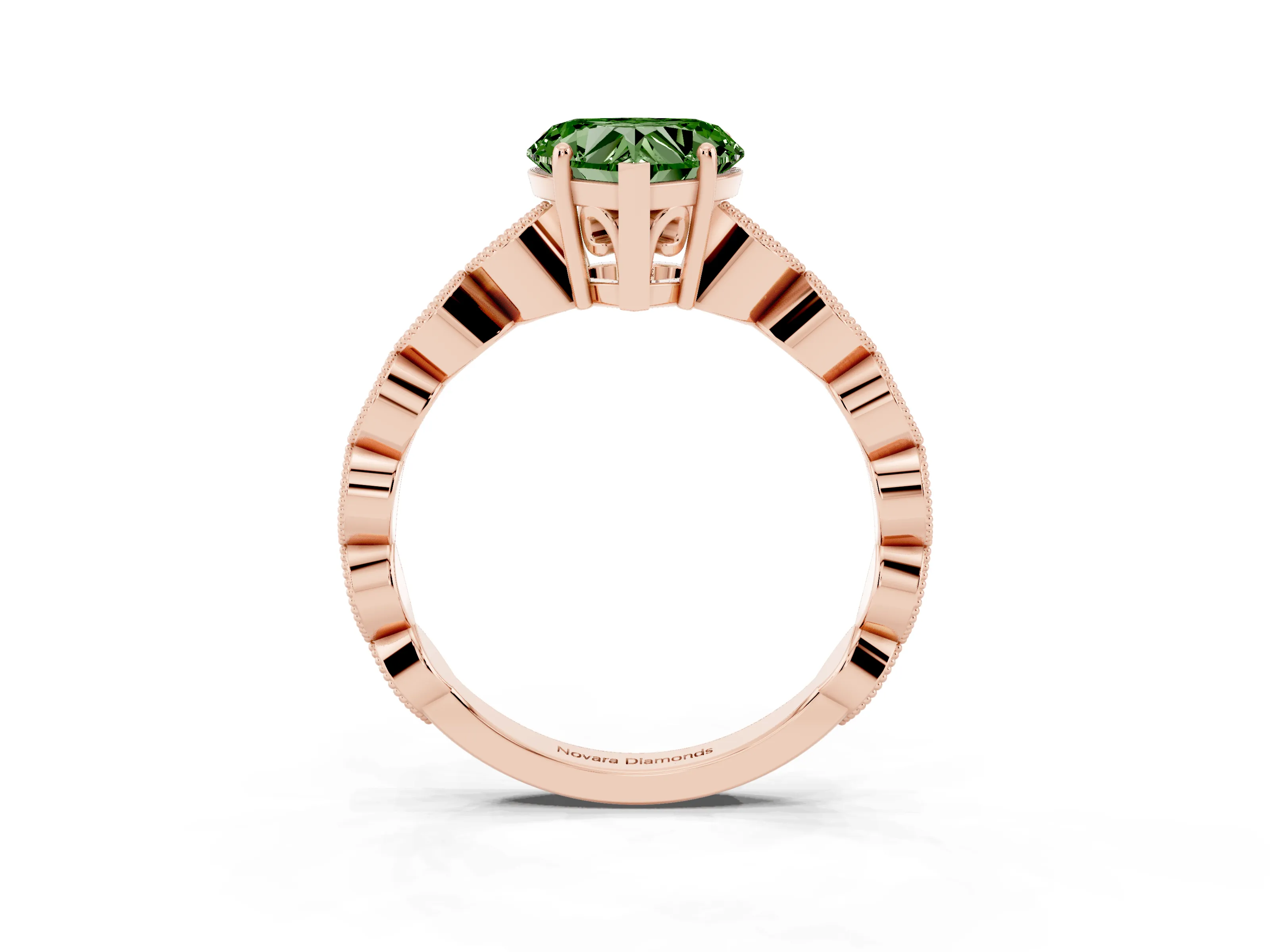 Fancy Green Heart Cut Diamond Solitaire Ring Set in Rose gold with Infinity Twist Pavé Band