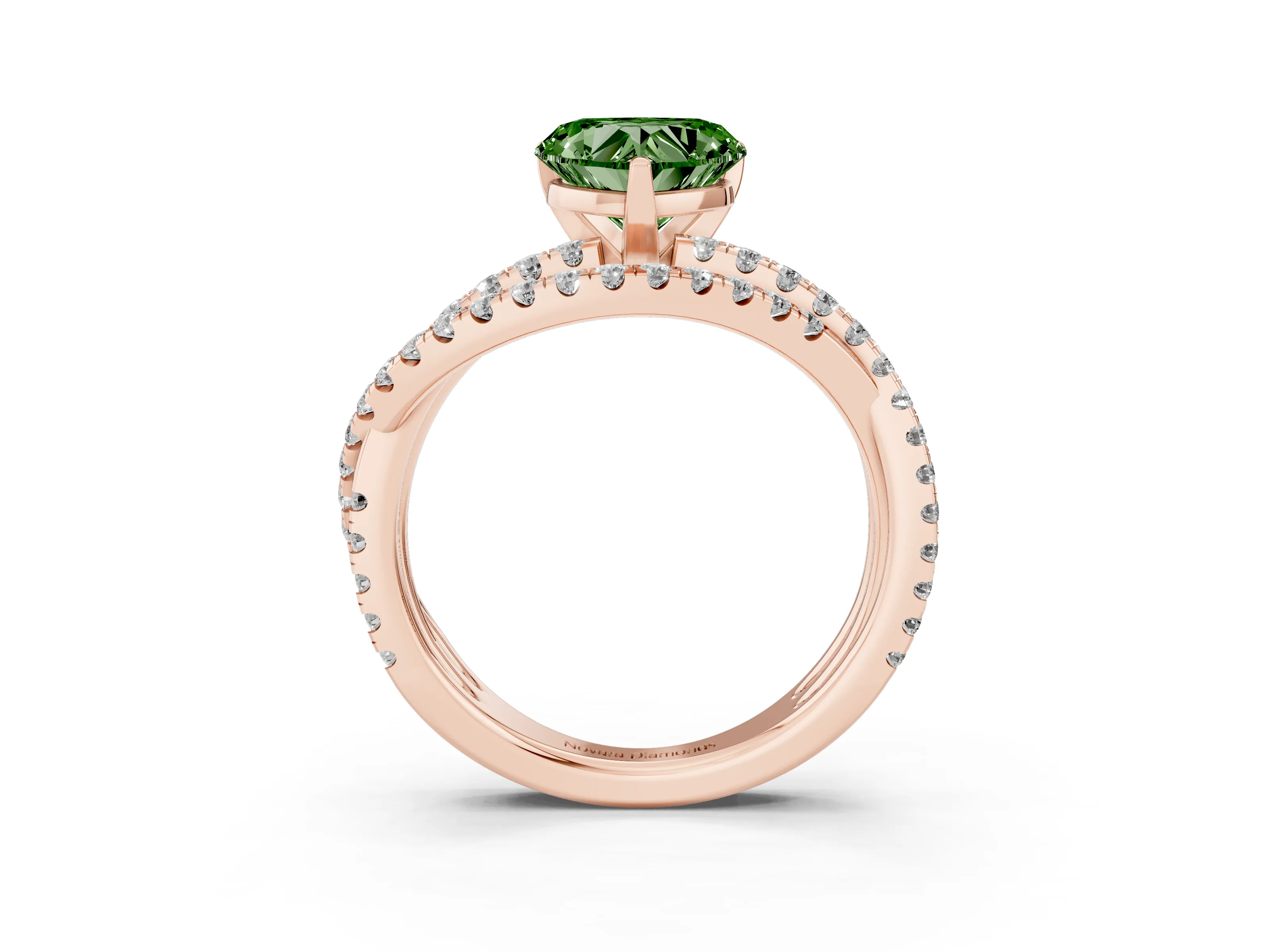 Fancy Green Heart Cut Diamond Solitaire Twist Band Ring Set in Rose gold with Pavé Setting and Prong Head