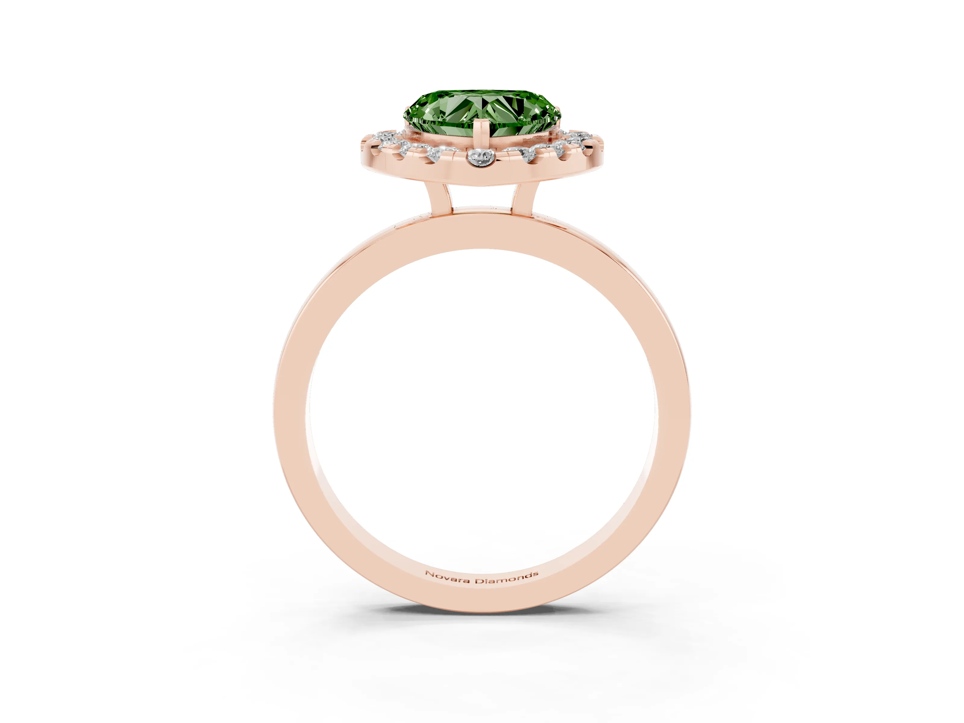 Fancy Green Heart Cut Diamond Halo Solitaire Ring Set in Rose gold with Pavé Band and Prong Setting