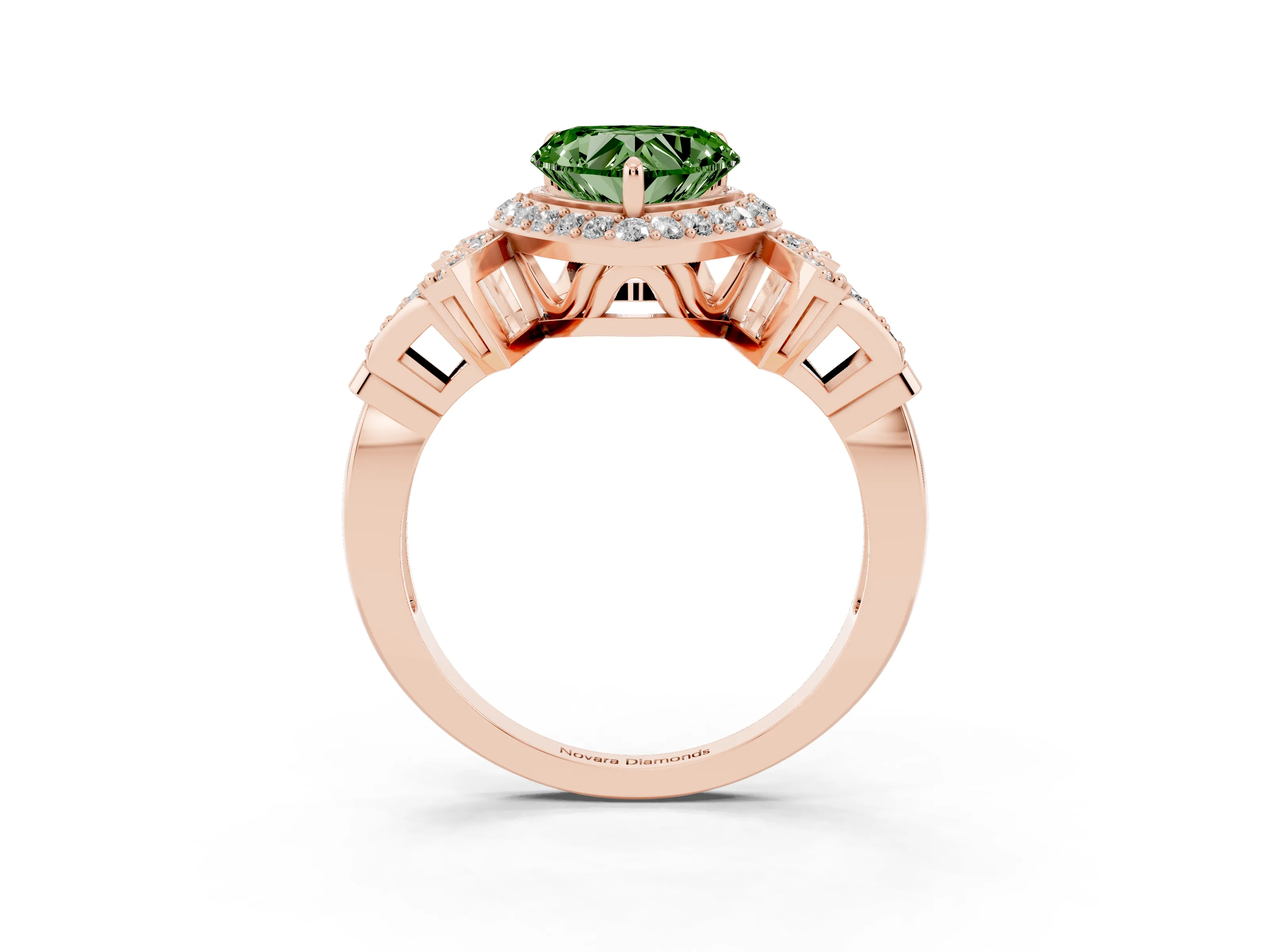 Fancy Green Heart Cut Diamond Halo Engagement Ring Set in Rose gold with Accent Stone Split Shank