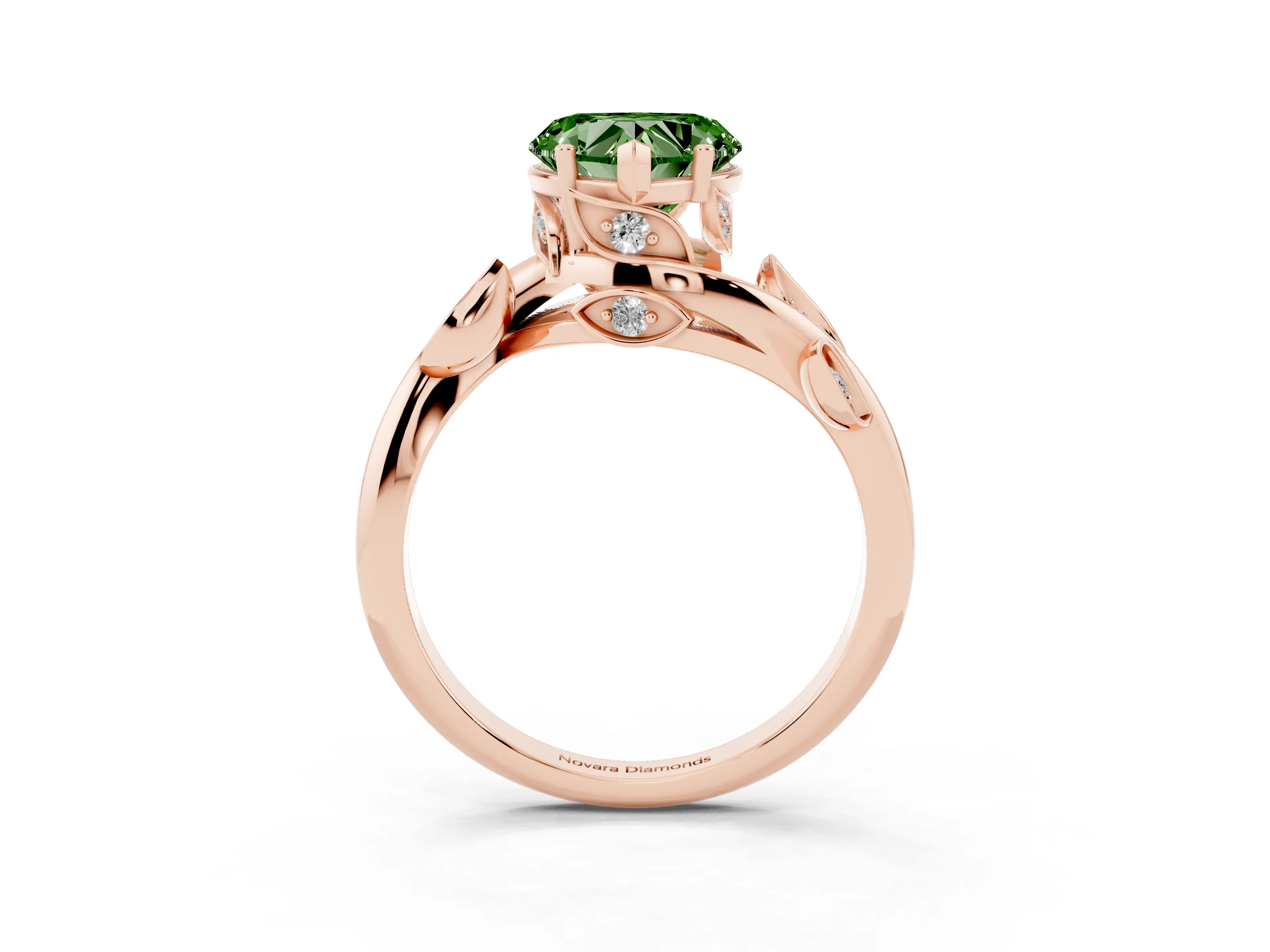 Fancy Green Heart Cut Diamond Solitaire Twist Engagement Ring Set in Rose gold with Pavé Leaf Accents