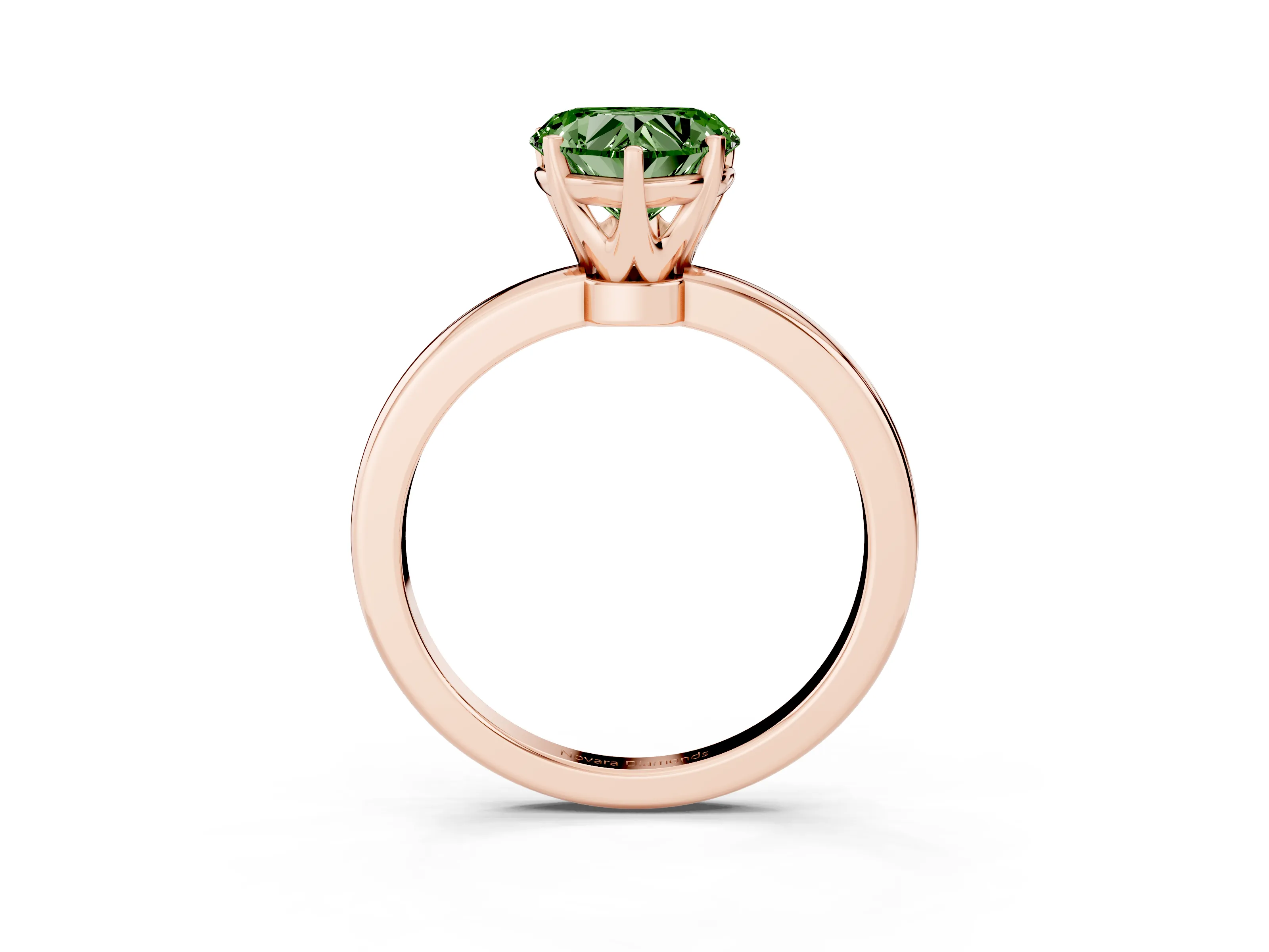 Fancy Green Heart Cut Diamond Solitaire Ring Set in Rose gold with Raised Prong Setting on a Classic Band