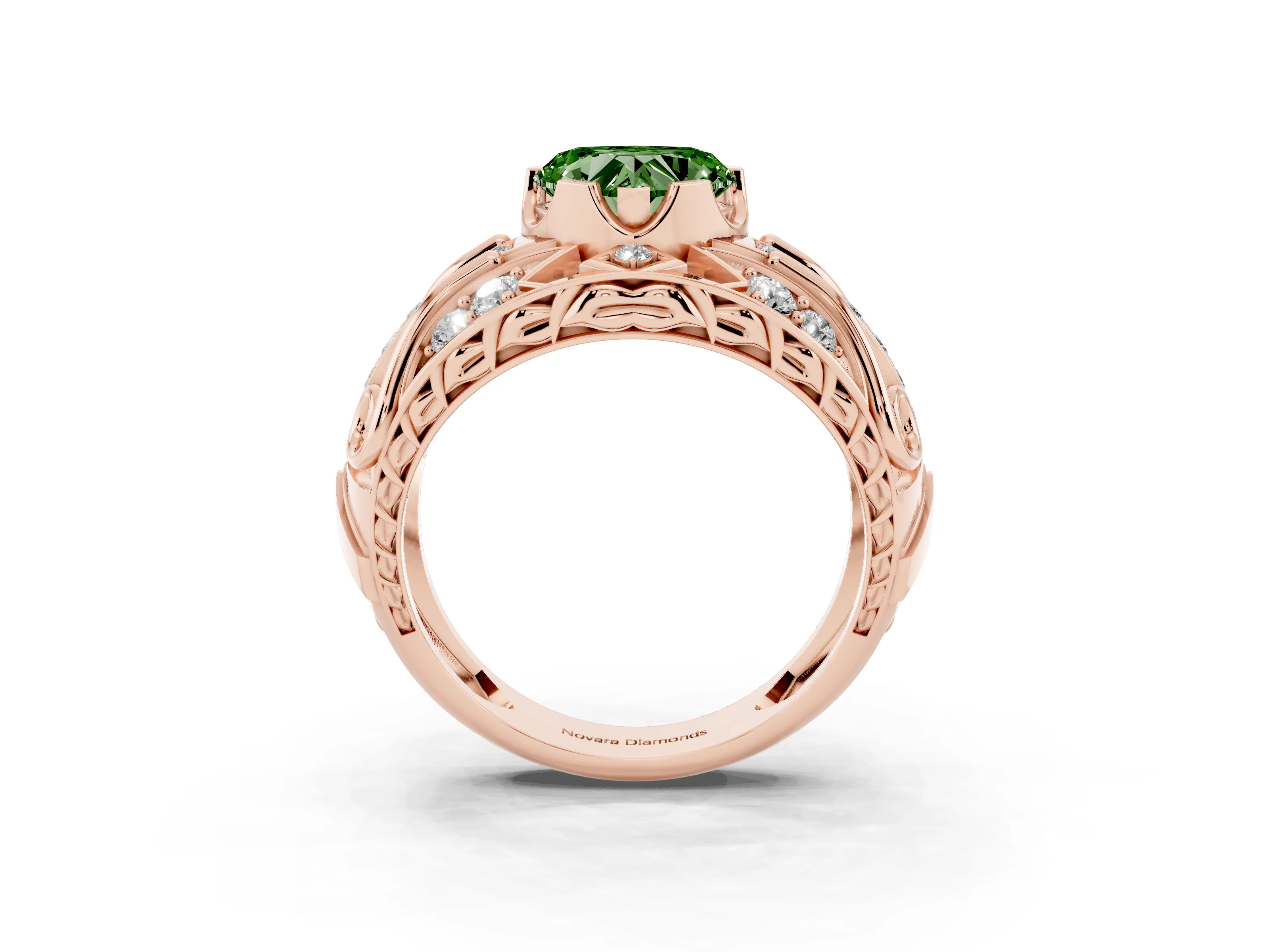 Fancy Green Heart Cut Diamond Art Deco Ring Set in Rose gold with Pavé Split Shank