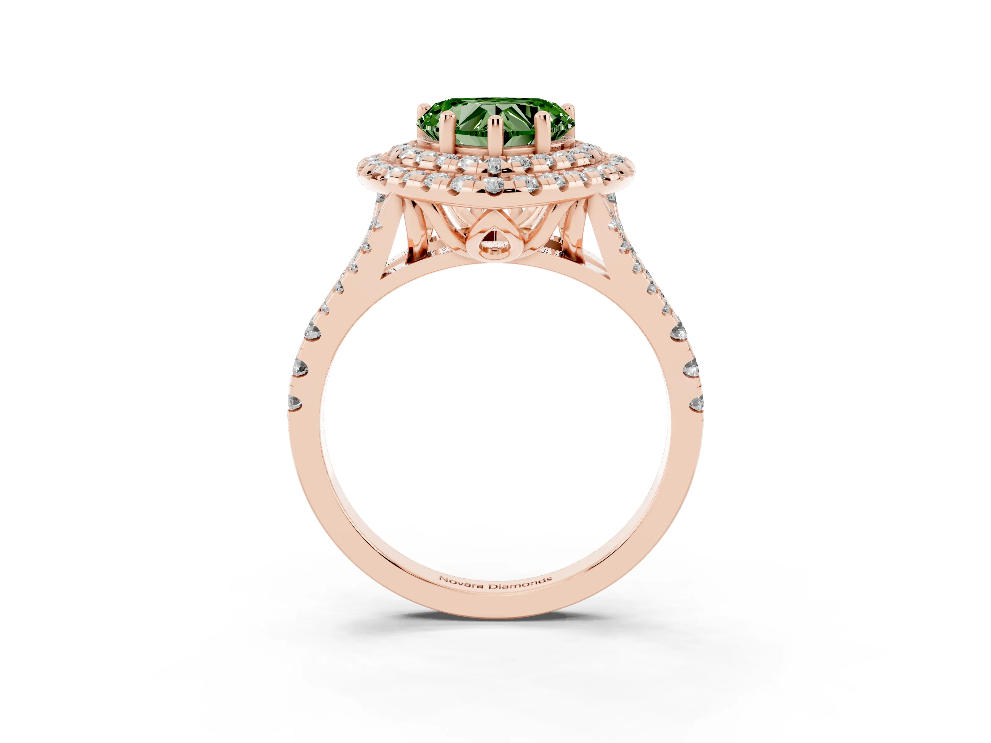 Fancy Green Heart Cut Diamond Double Halo Ring Set in Rose gold with Pavé Split Shank and Prong Setting
