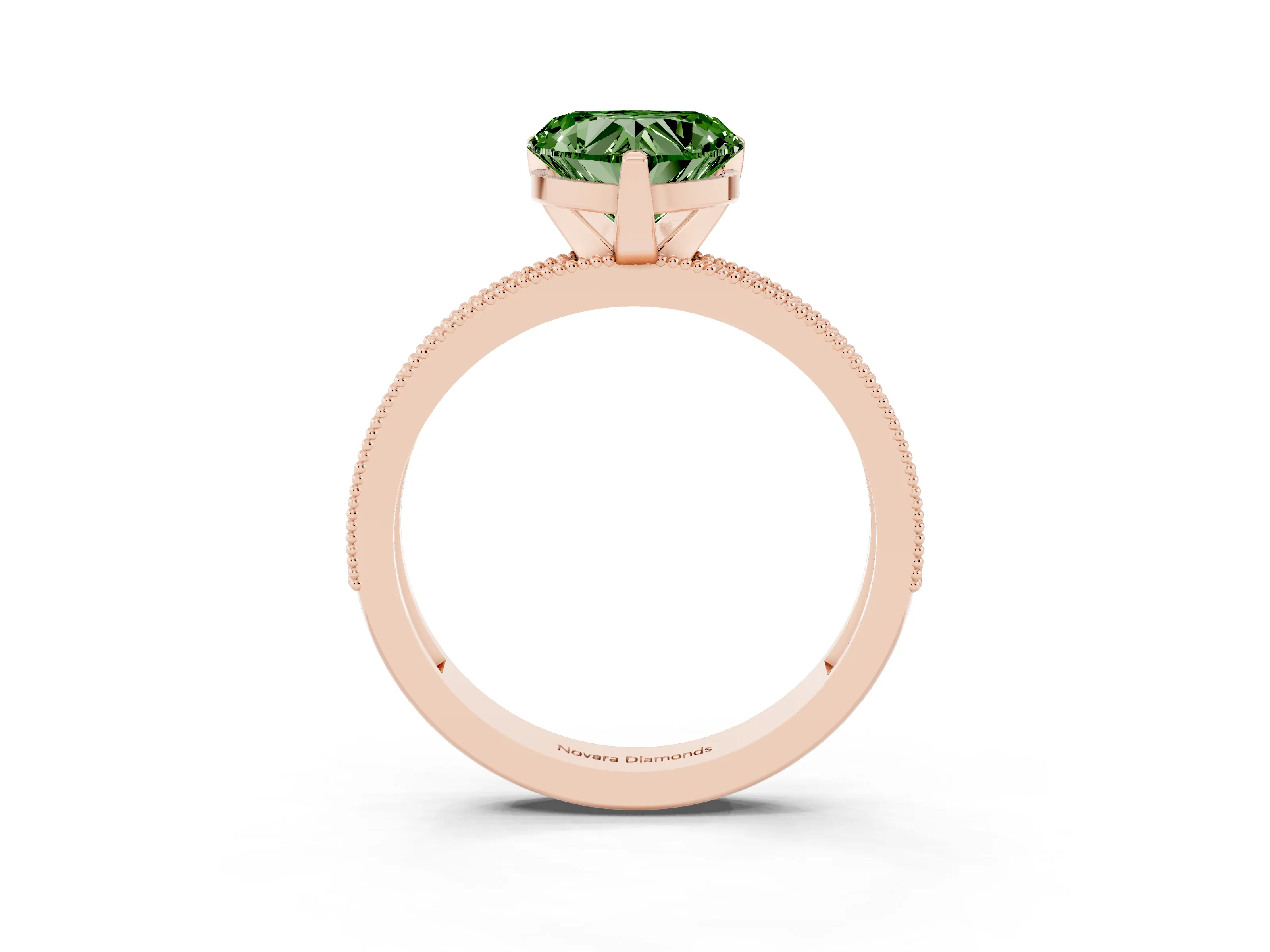 Fancy Green Heart Cut Diamond Milgrain Pavé Engagement Ring Set in Rose gold with Prong Setting