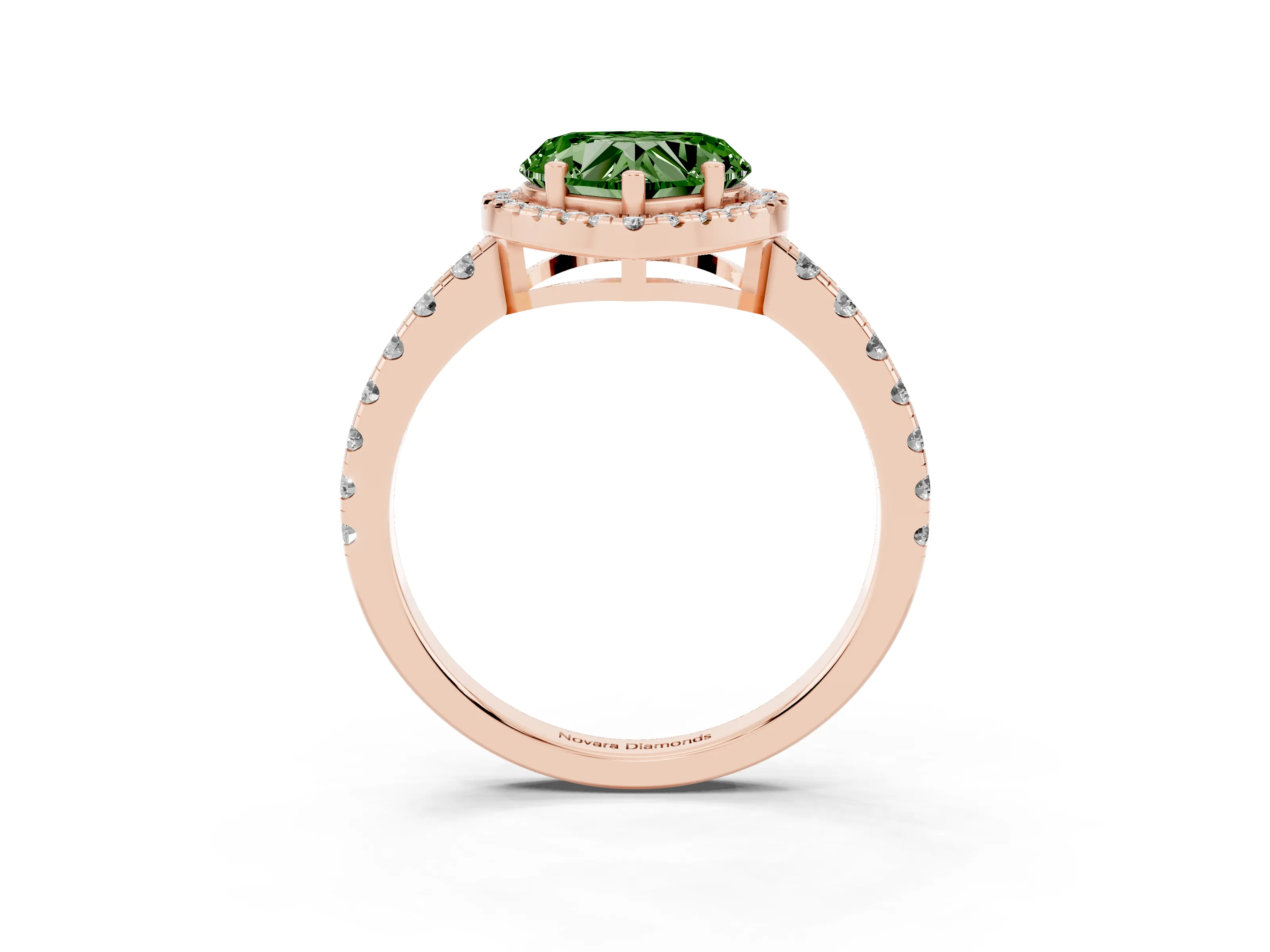 Fancy Green Heart Cut Diamond Halo Ring Set in Rose gold with Delicate Pavé Band and Prong Setting