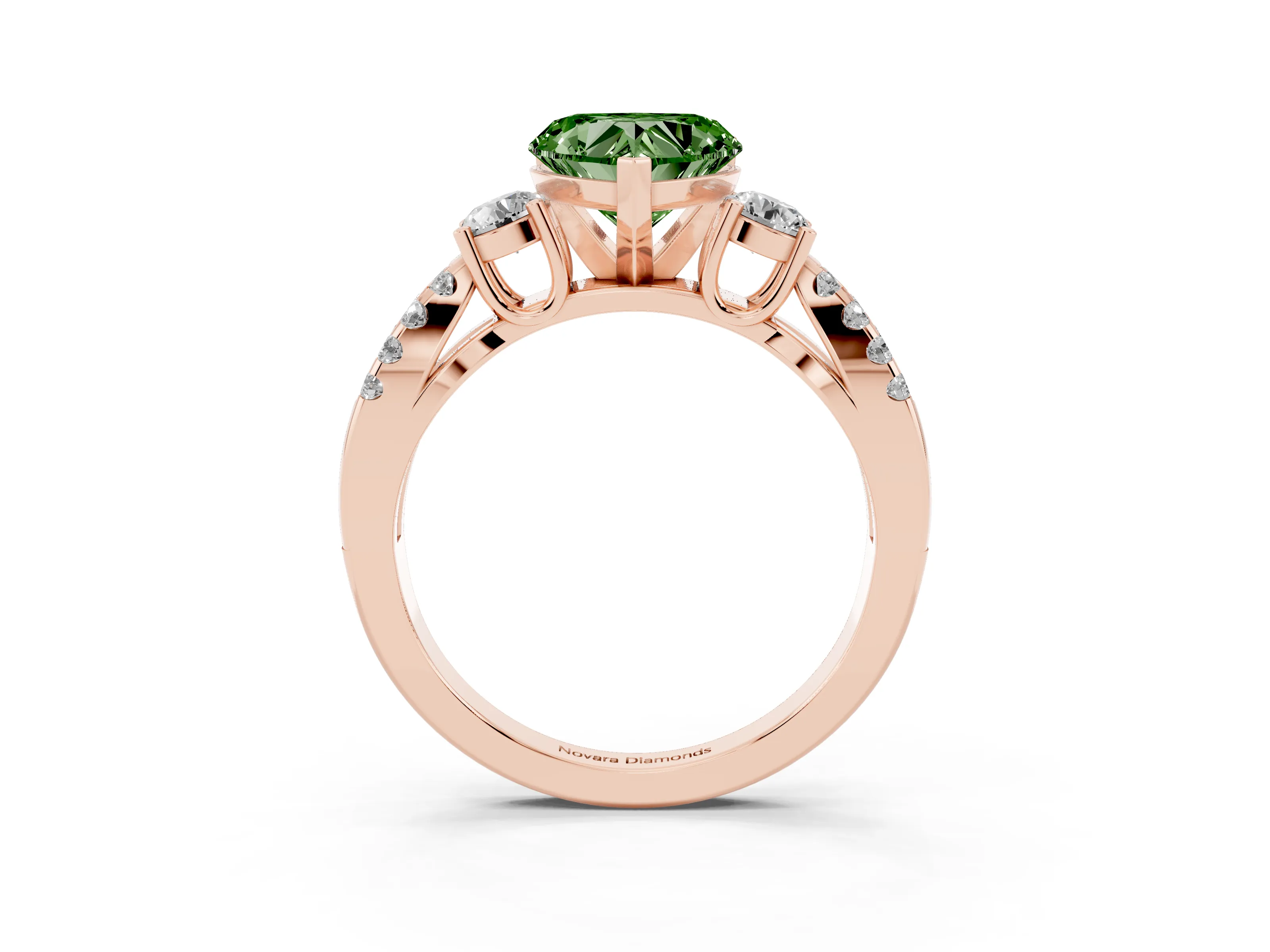Fancy Green Heart Cut Diamond Three-Stone Ring Set in Rose gold with Pavé Split Shank and Prong Setting