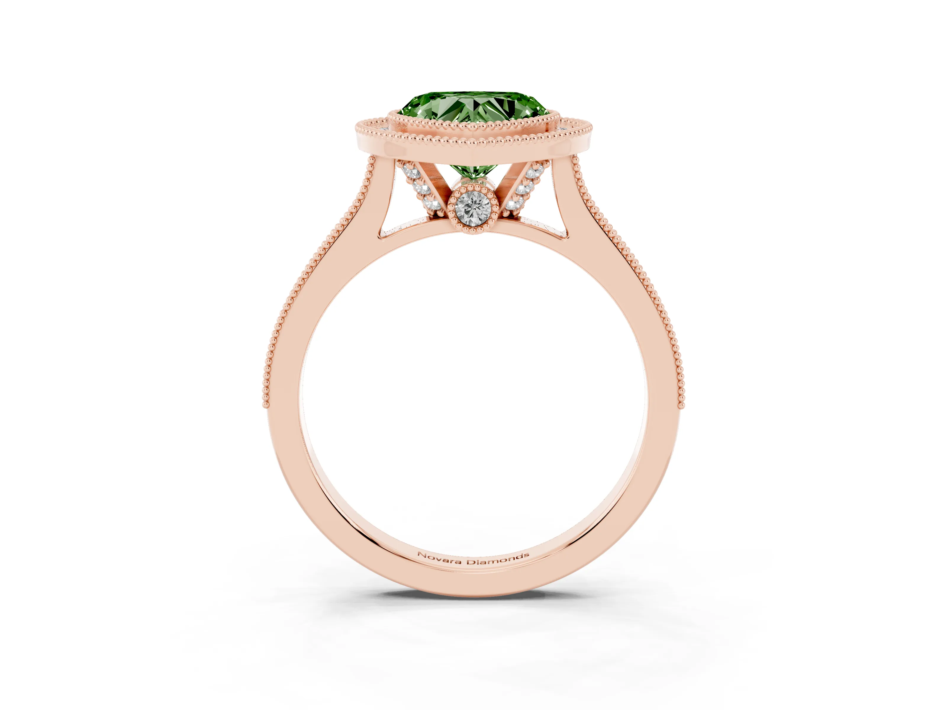 Fancy Green Heart Cut Diamond Halo Milgrain Pavé Band Ring Set in Rose gold with Prong Setting