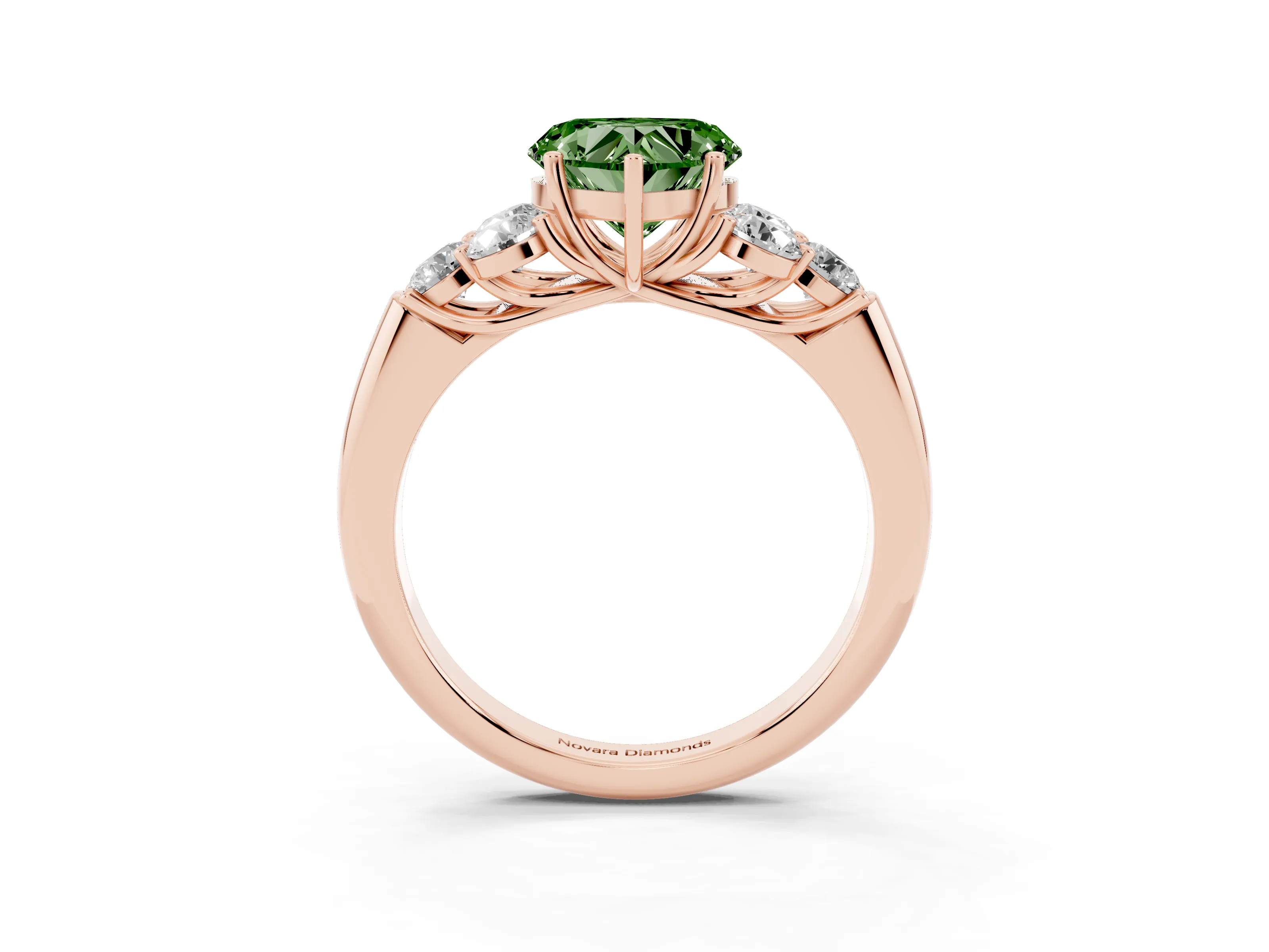 Fancy Green Heart Cut Diamond Cluster Ring Set in Rose gold with Round Accent Stones and Prong Setting on a Plain Band