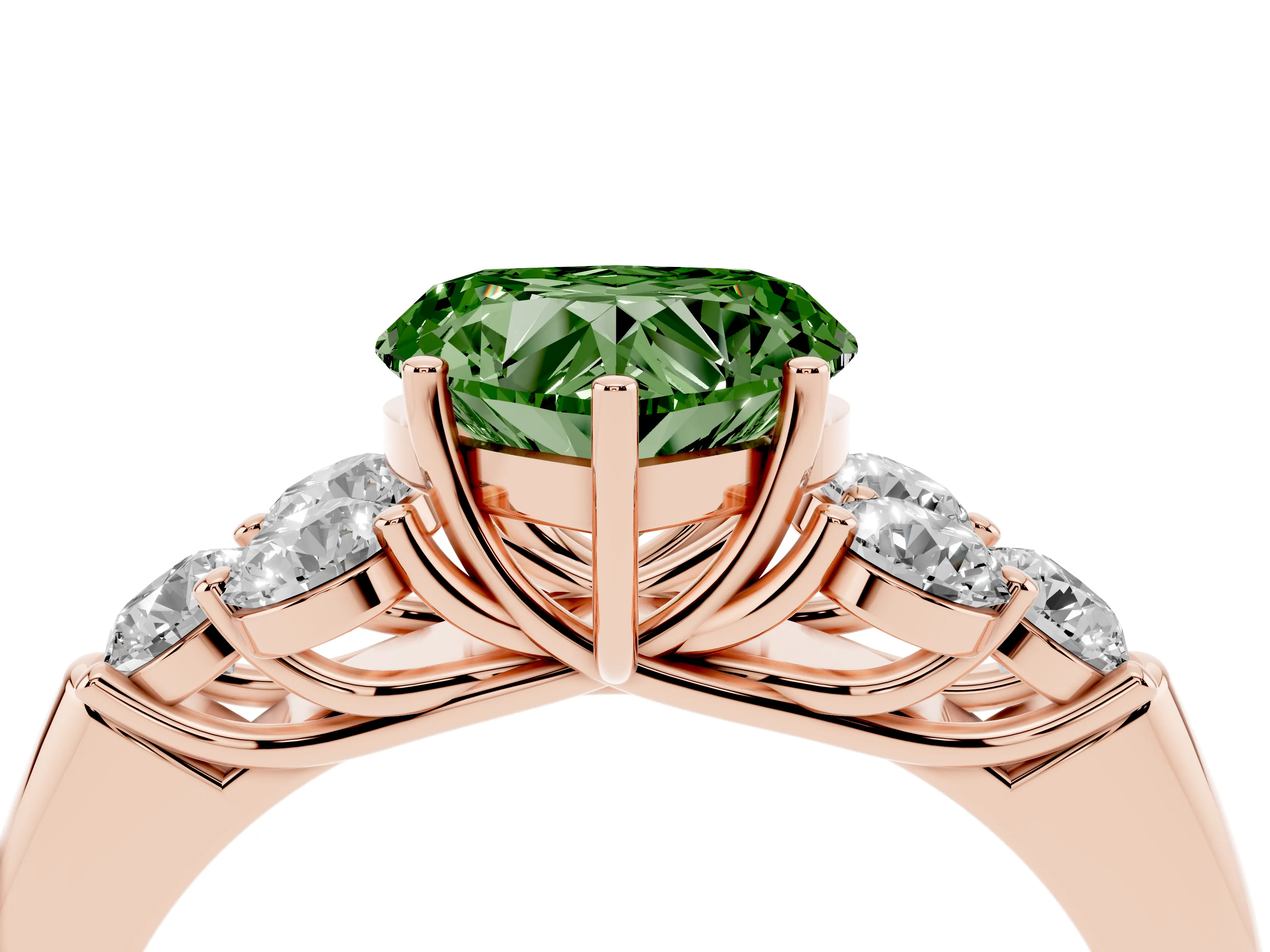 Fancy Green Heart Cut Diamond Cluster Ring Set in Rose gold with Round Accent Stones and Prong Setting on a Plain Band