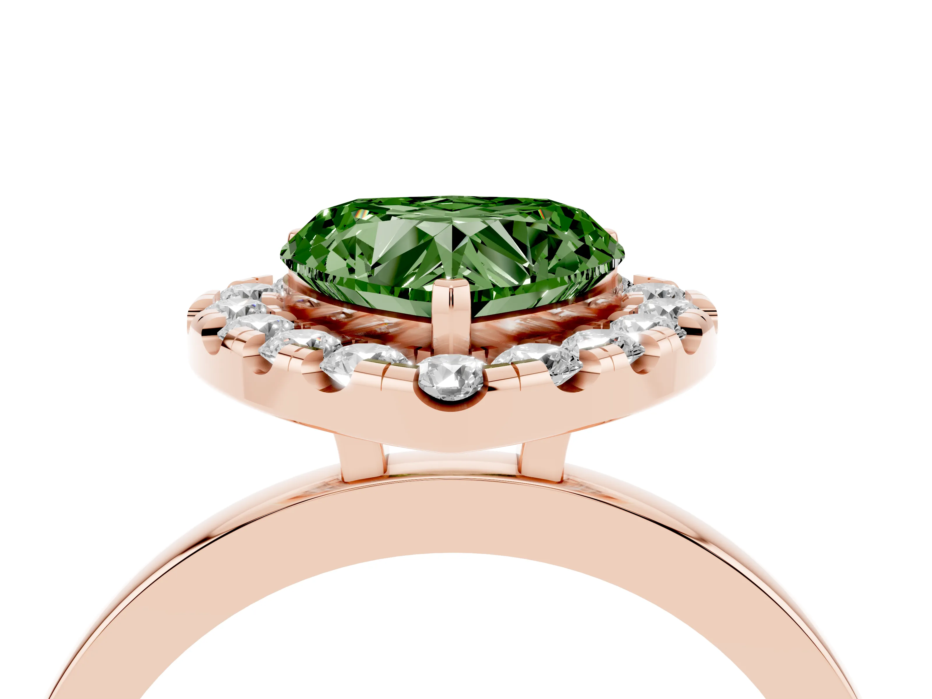 Fancy Green Heart Cut Diamond Halo Solitaire Ring Set in Rose gold with Pavé Band and Prong Setting