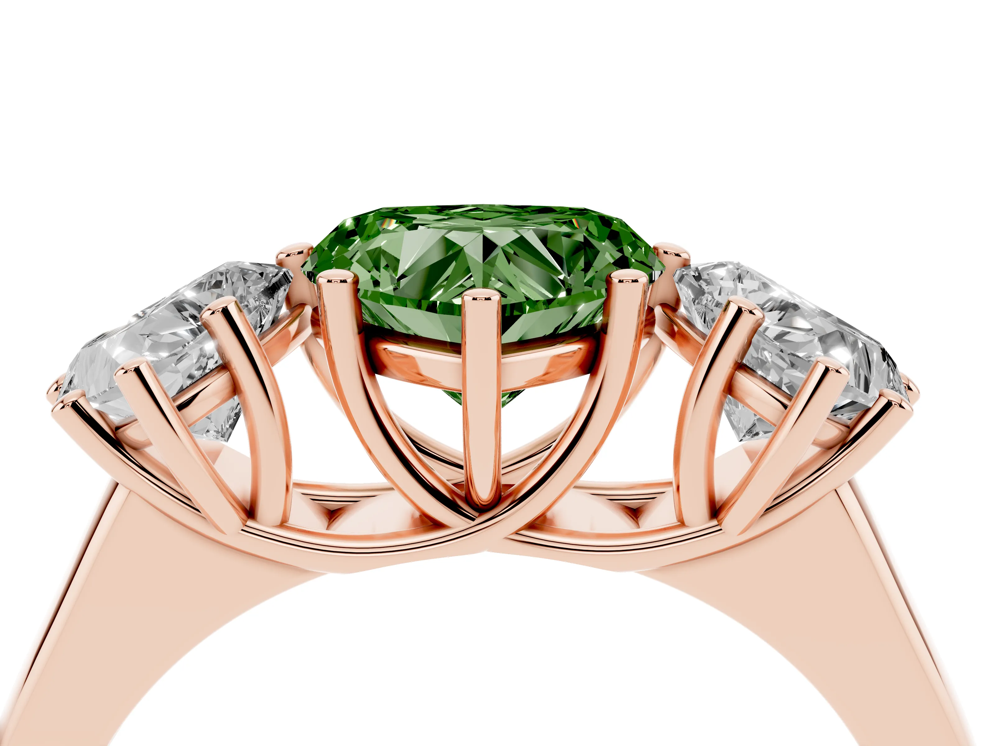 Fancy Green Heart Cut Diamond Three-Stone Ring Set in Rose gold with Plain Polished Band