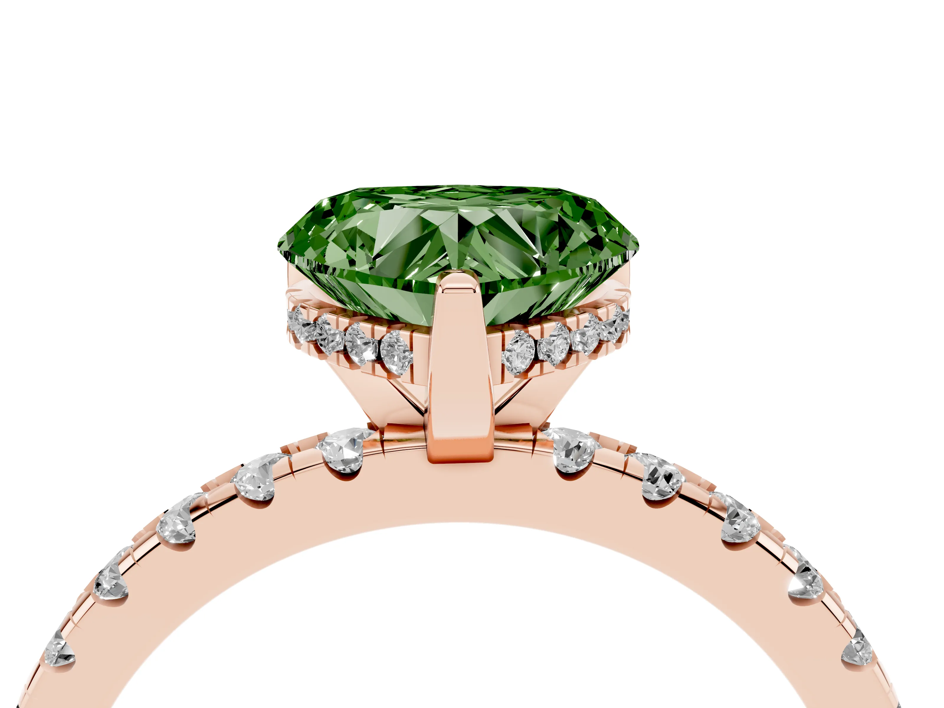 Fancy Green Heart Cut Diamond Pavé Solitaire Ring Set in Rose gold with Round Band Accents and Prong Setting