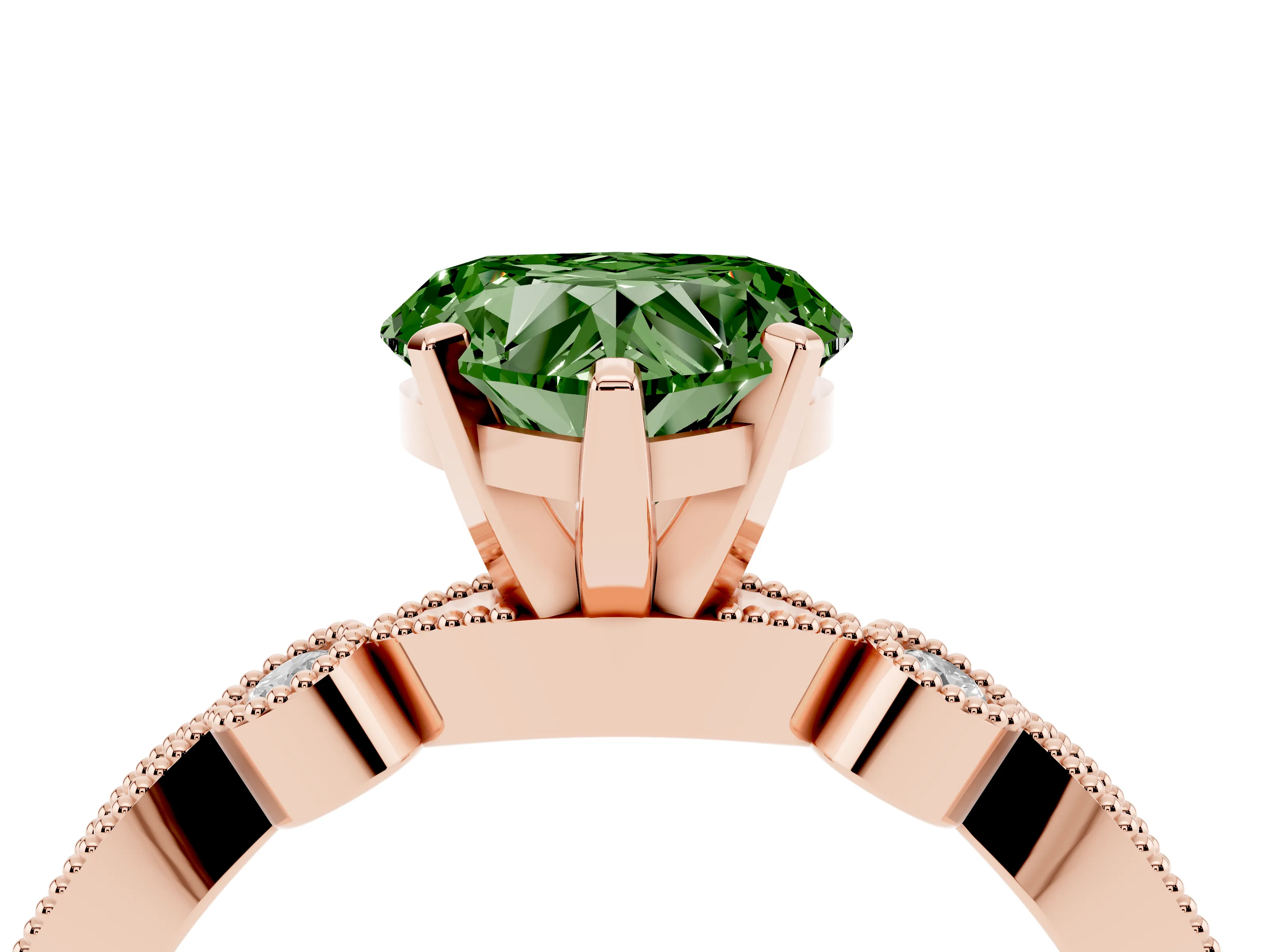 Fancy Green Heart Cut Diamond Solitaire Engagement Ring Set in Rose gold with Milgrain Bezel Accent Band