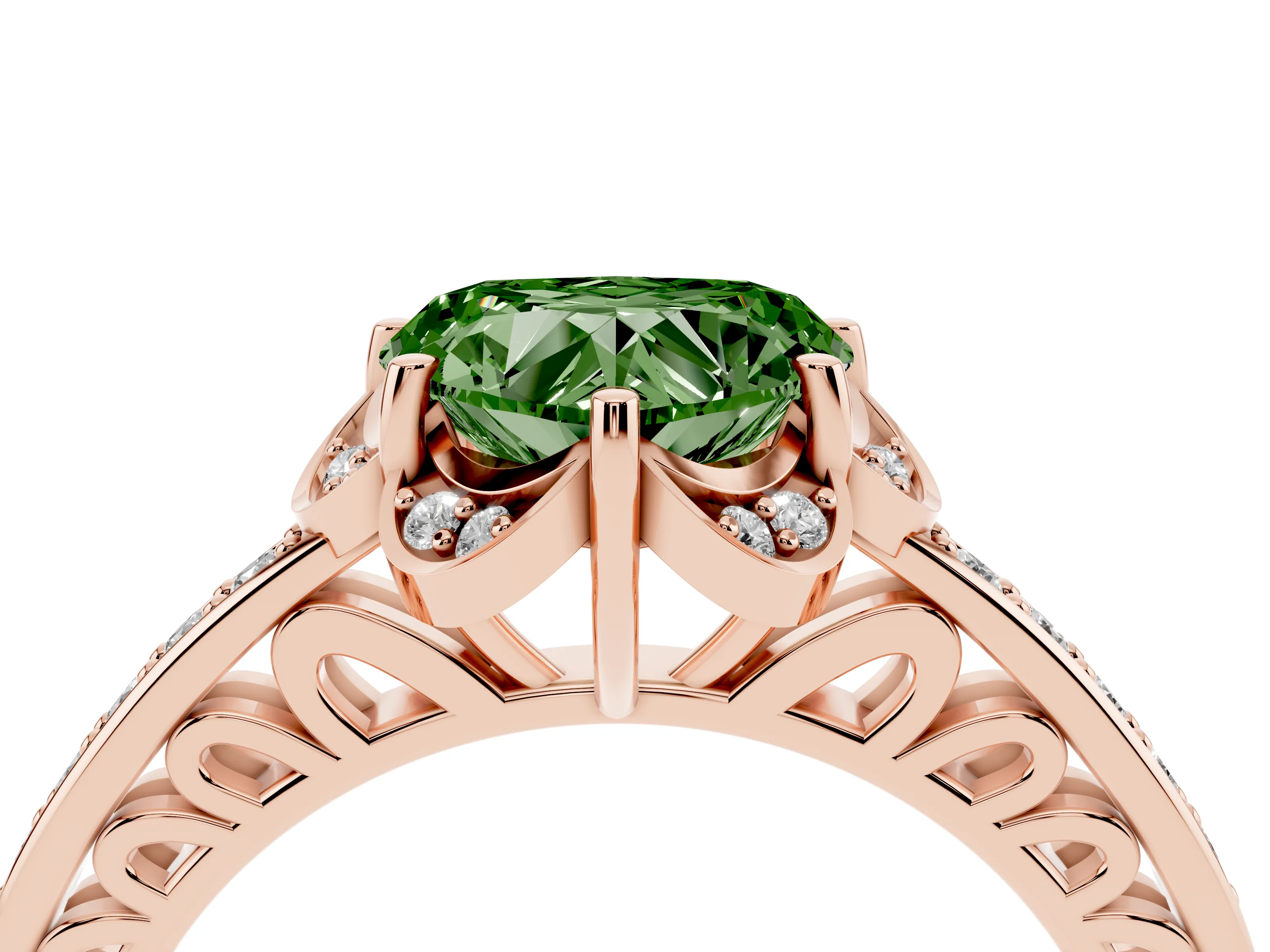 Fancy Green Heart Cut Diamond Halo Ring Set in Rose gold with Channel Set Band and Prong Setting