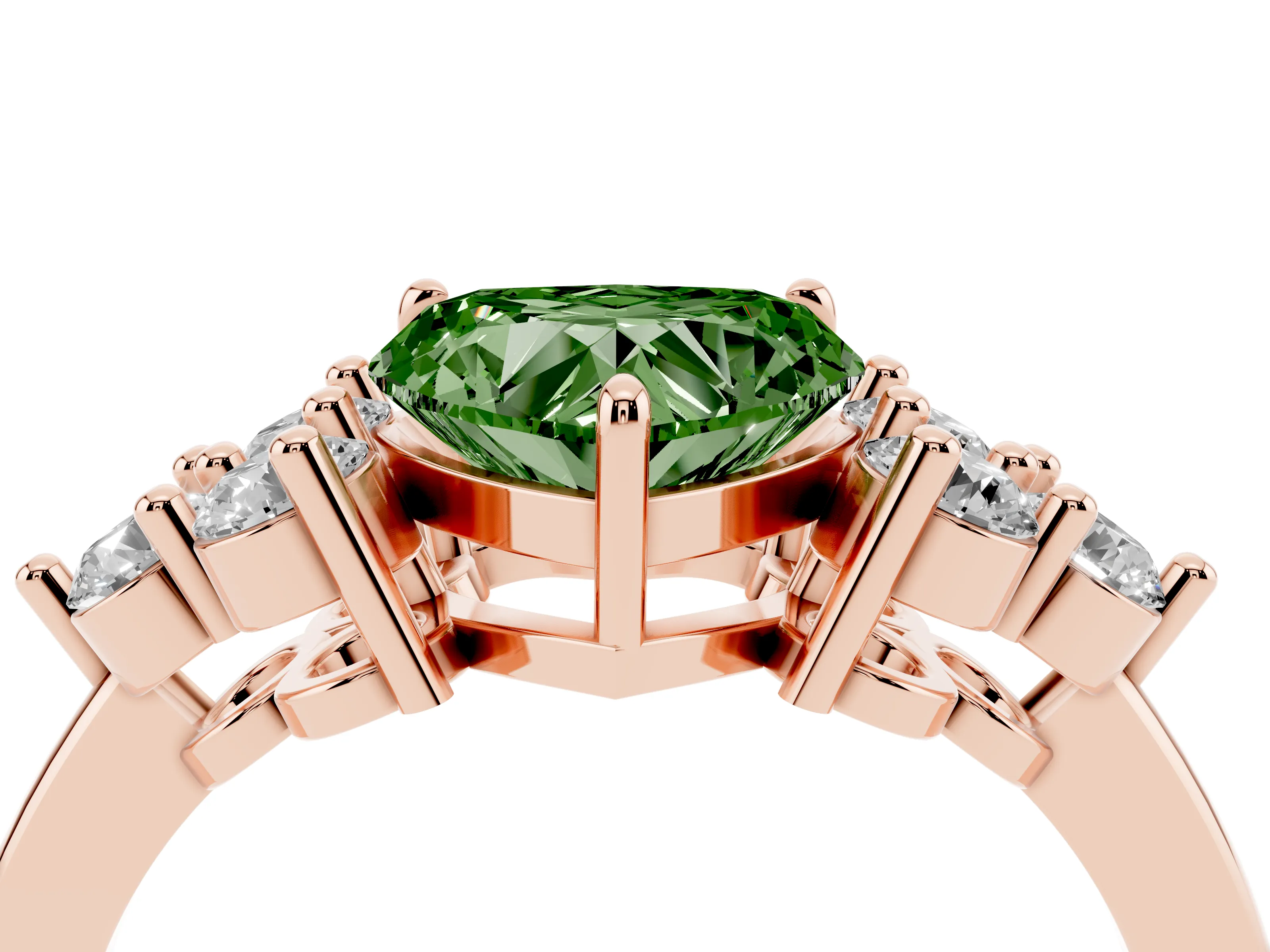 Fancy Green Heart Cut Diamond Solitaire Ring Set in Rose gold with Cluster Accents on Each Side