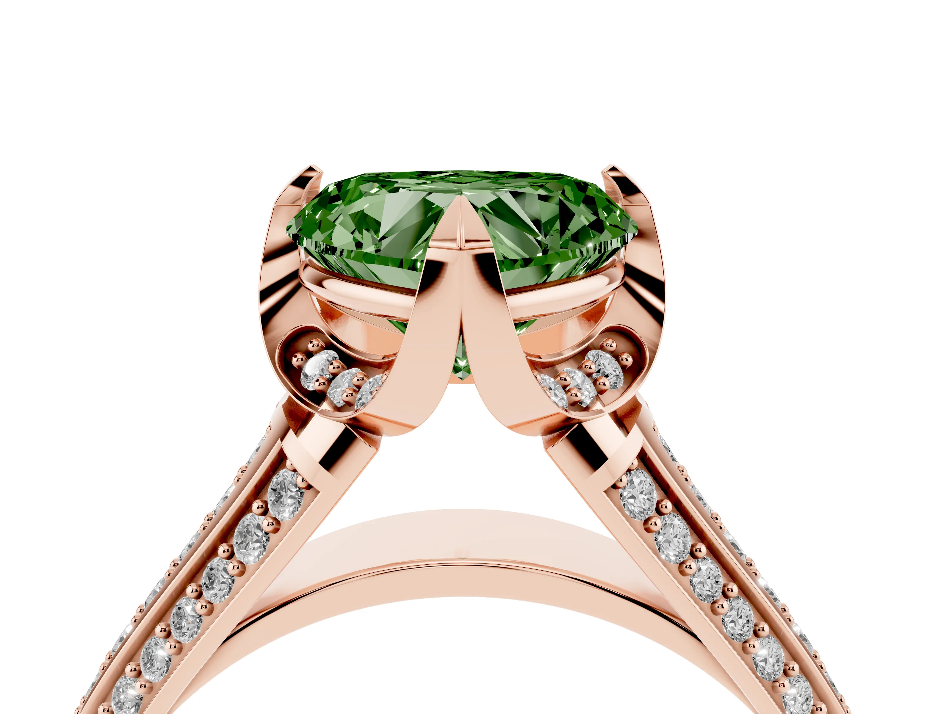 Fancy Green Heart Cut Diamond Pavé Split Shank Solitaire Ring Set in Rose gold with Prong Setting
