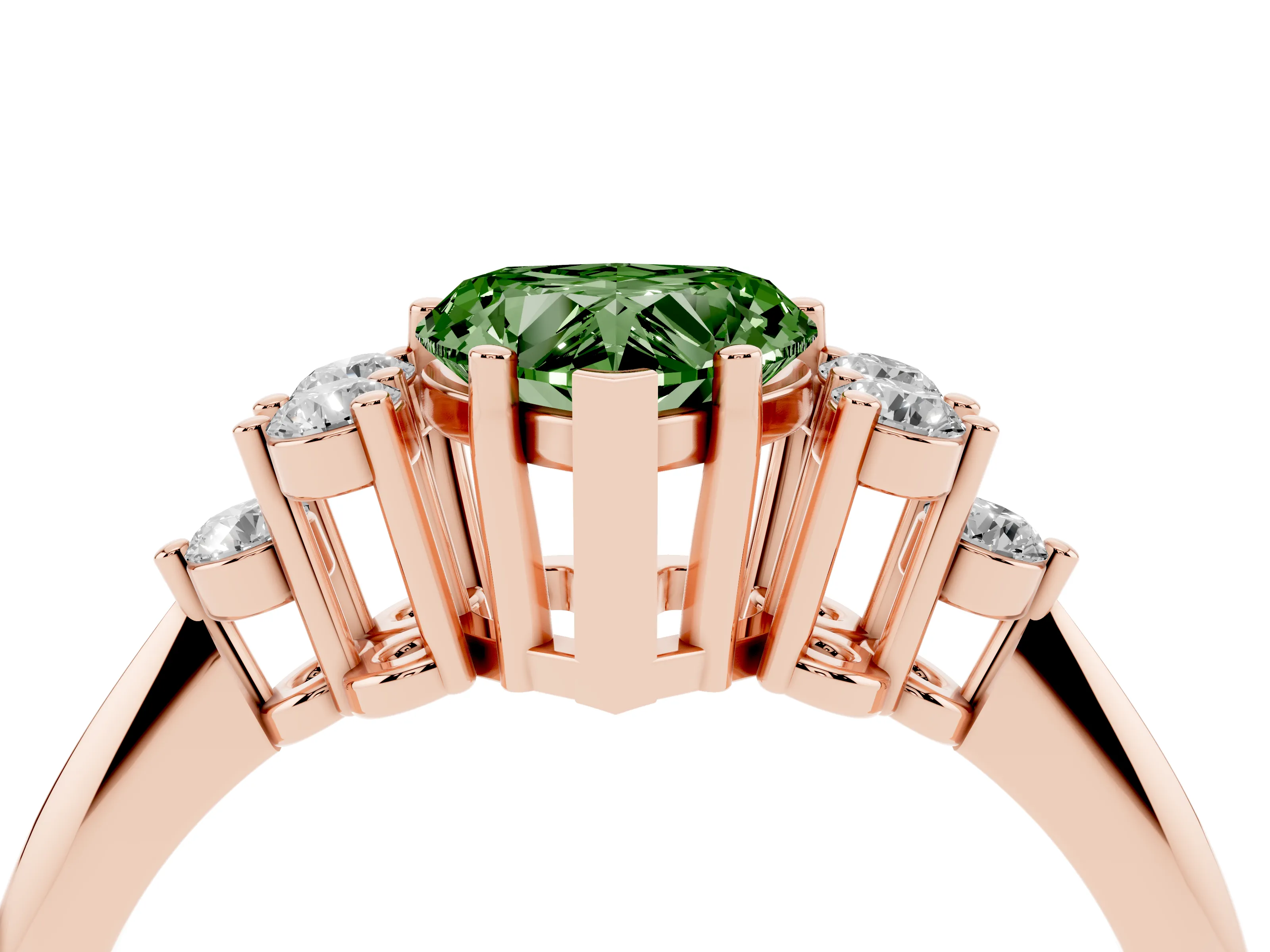 Fancy Green Heart Cut Diamond Cluster Ring Set in Rose gold with Plain Band and Prong Setting