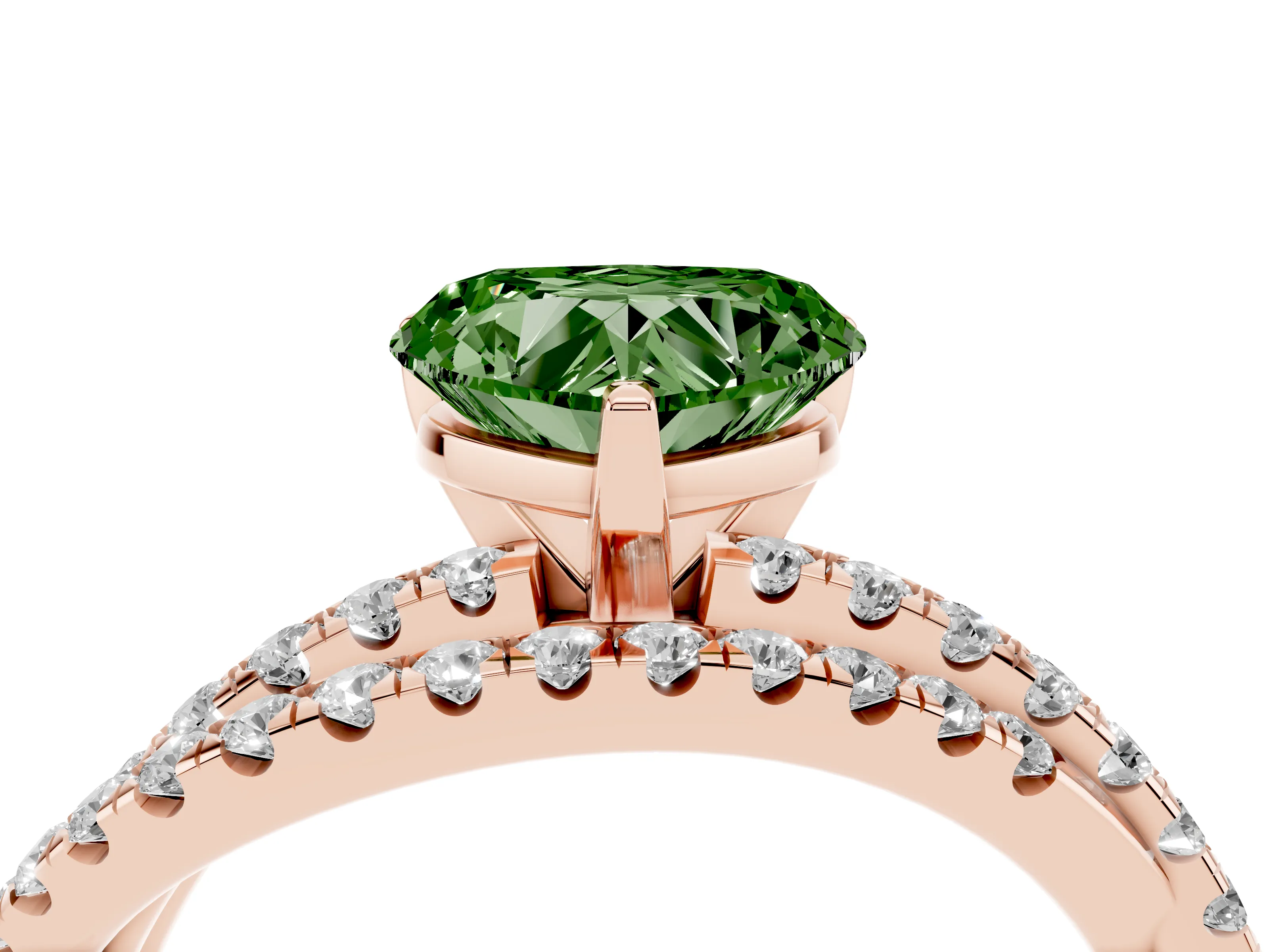 Fancy Green Heart Cut Diamond Solitaire Twist Band Ring Set in Rose gold with Pavé Setting and Prong Head