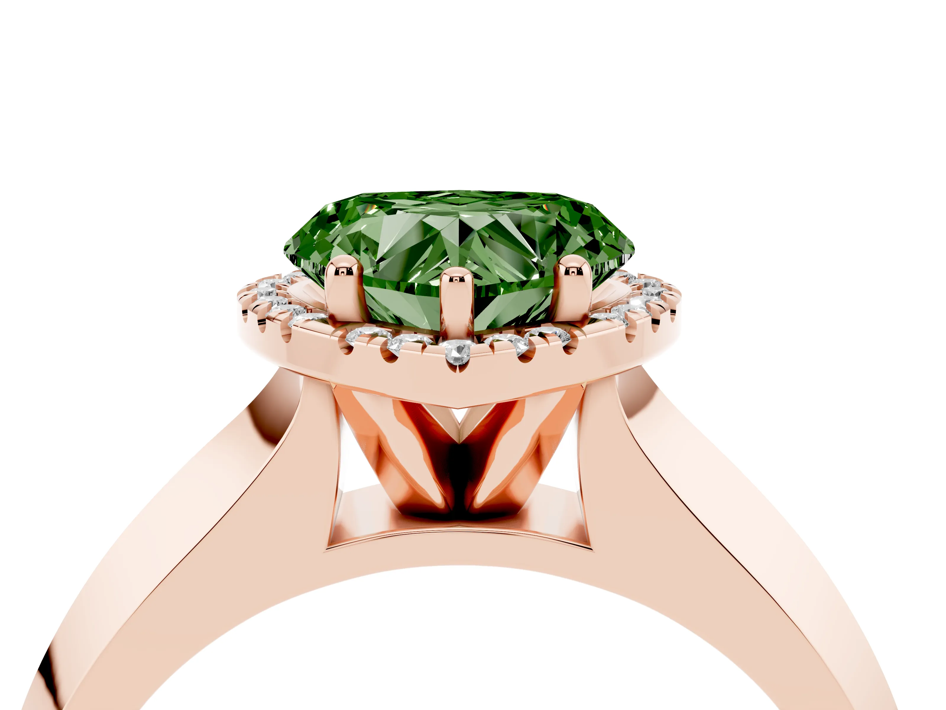 Fancy Green Heart Cut Diamond Halo Ring Set in Rose gold with Cathedral Band and Prong Setting